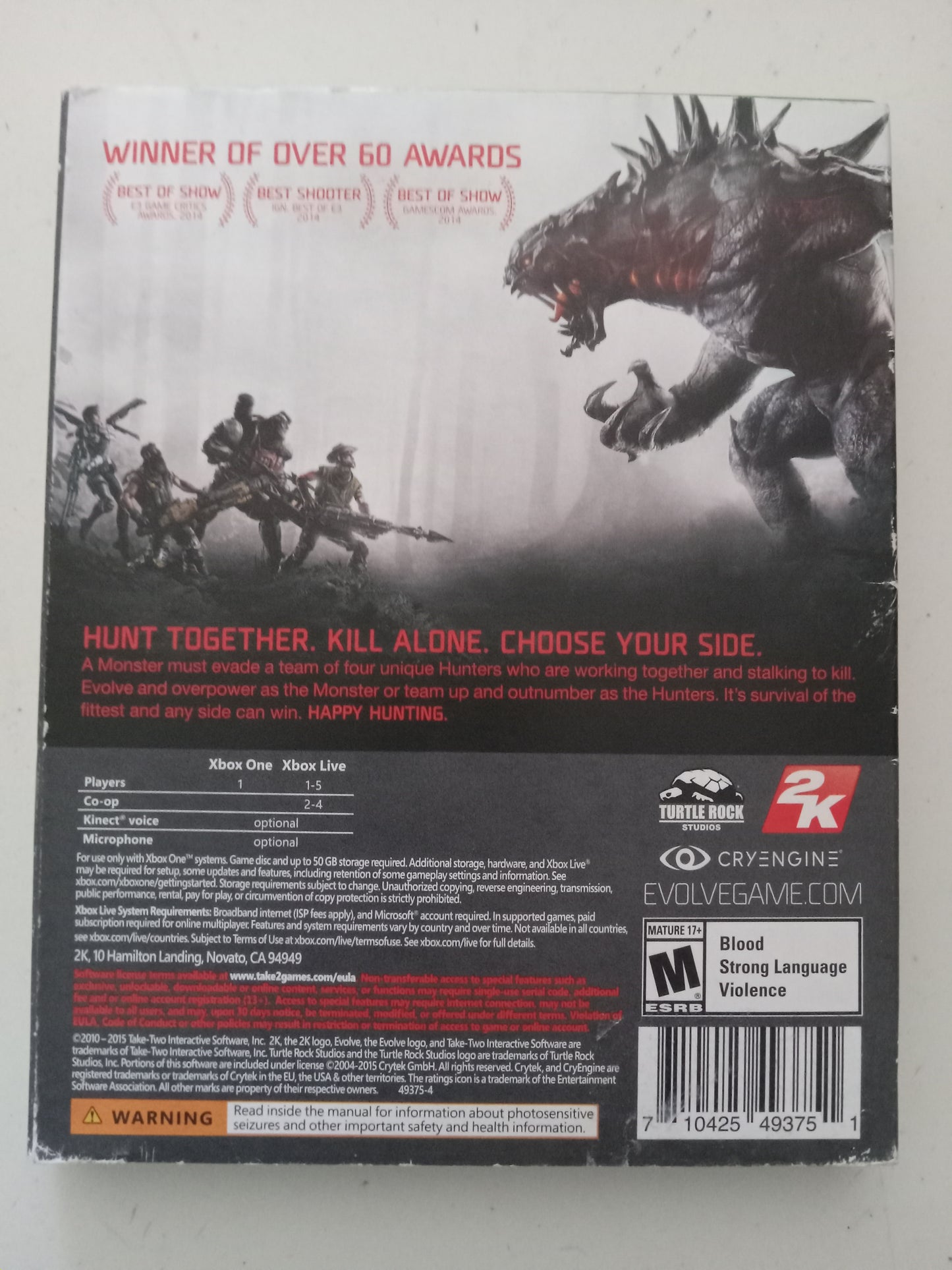 Evolve, Xbox One Video Game, Rated M, USED