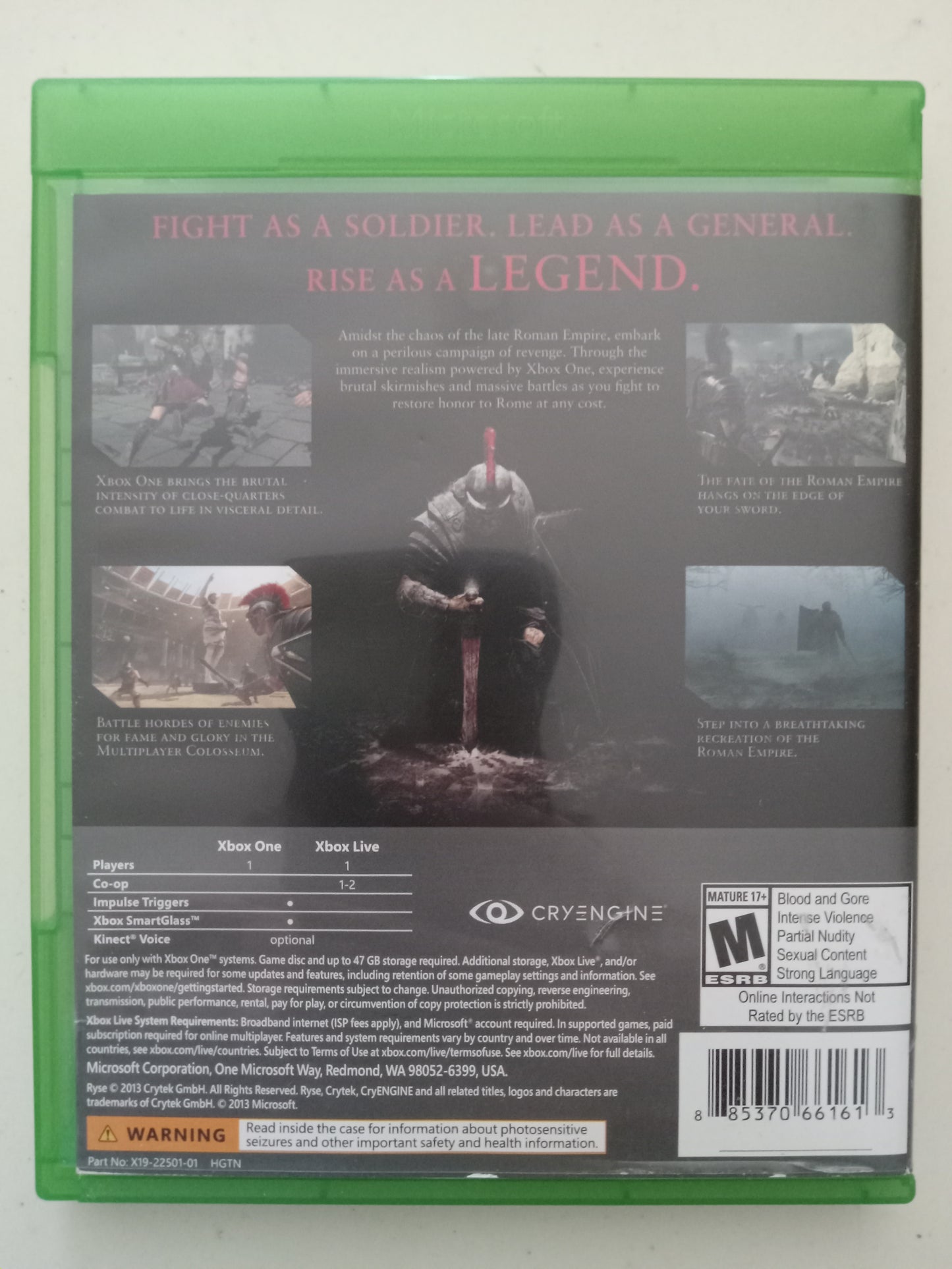 Ryse, Son of Rome, Xbox One Video Game, Rated M, USED