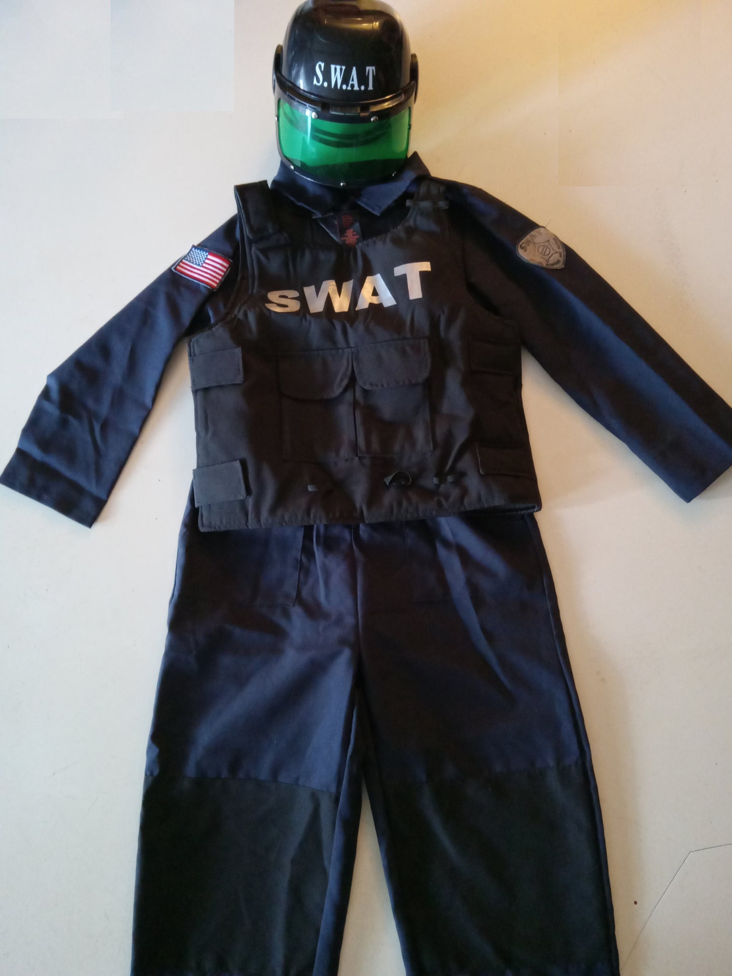 SWAT Police Uniform Jumpsuit Armor Vest Helmet Cosplay Child's Halloween Costume USED