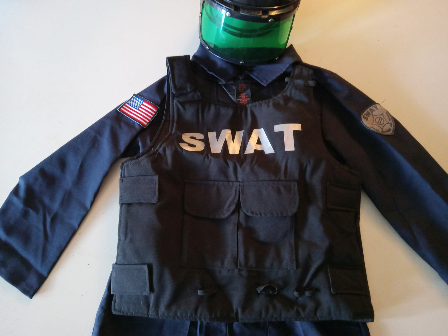 SWAT Police Uniform Jumpsuit Armor Vest Helmet Cosplay Child's Halloween Costume USED