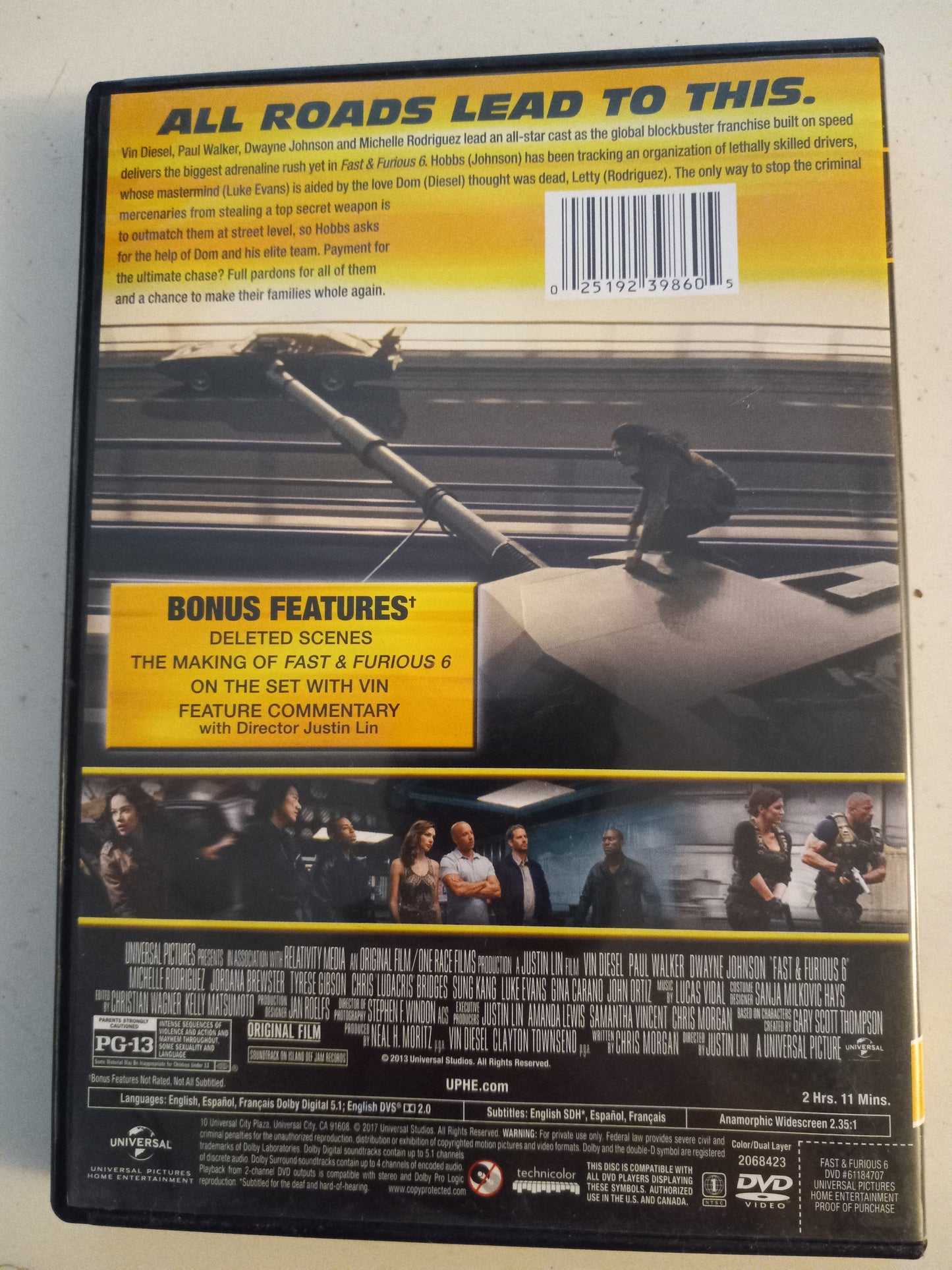 Fast And Furious 6, DVD Movie, Vin Diesel Widescreen Rated PG-13, USED