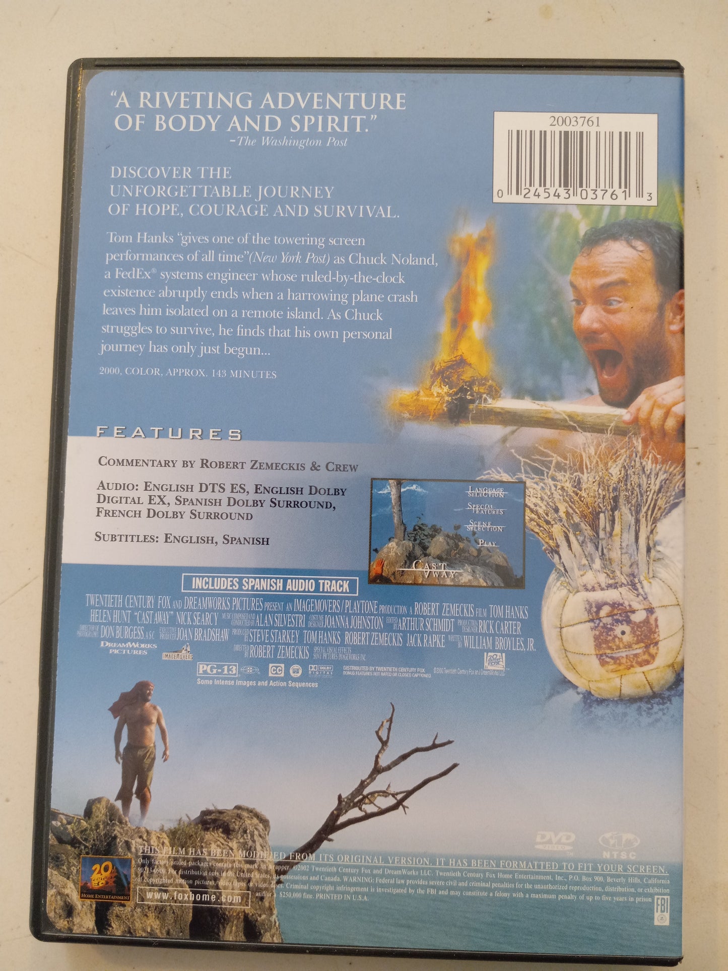 Cast Away, DVD Movie, Fullscreen, Rated PG-13, USED