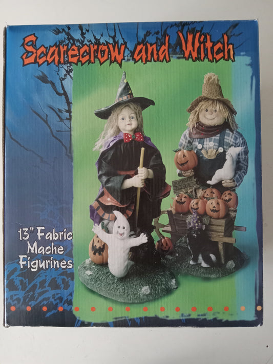 Halloween Vintage Scarecrow & Witch Child Ghosts Fabric Mache Figurines Decorations, 13" NEW