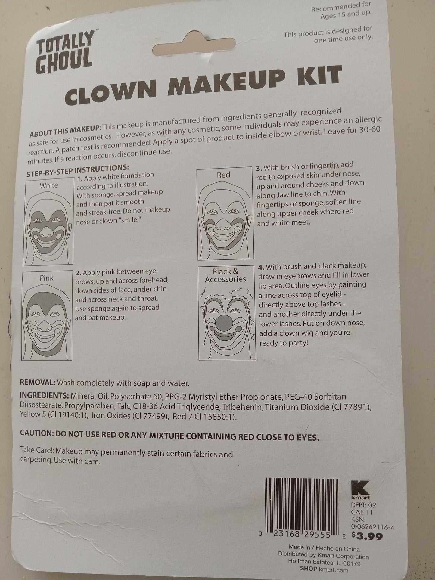 Clown Washable Makeup Kit Totally Ghoul .2 oz Cosplay Halloween Costume Accessory, NEW