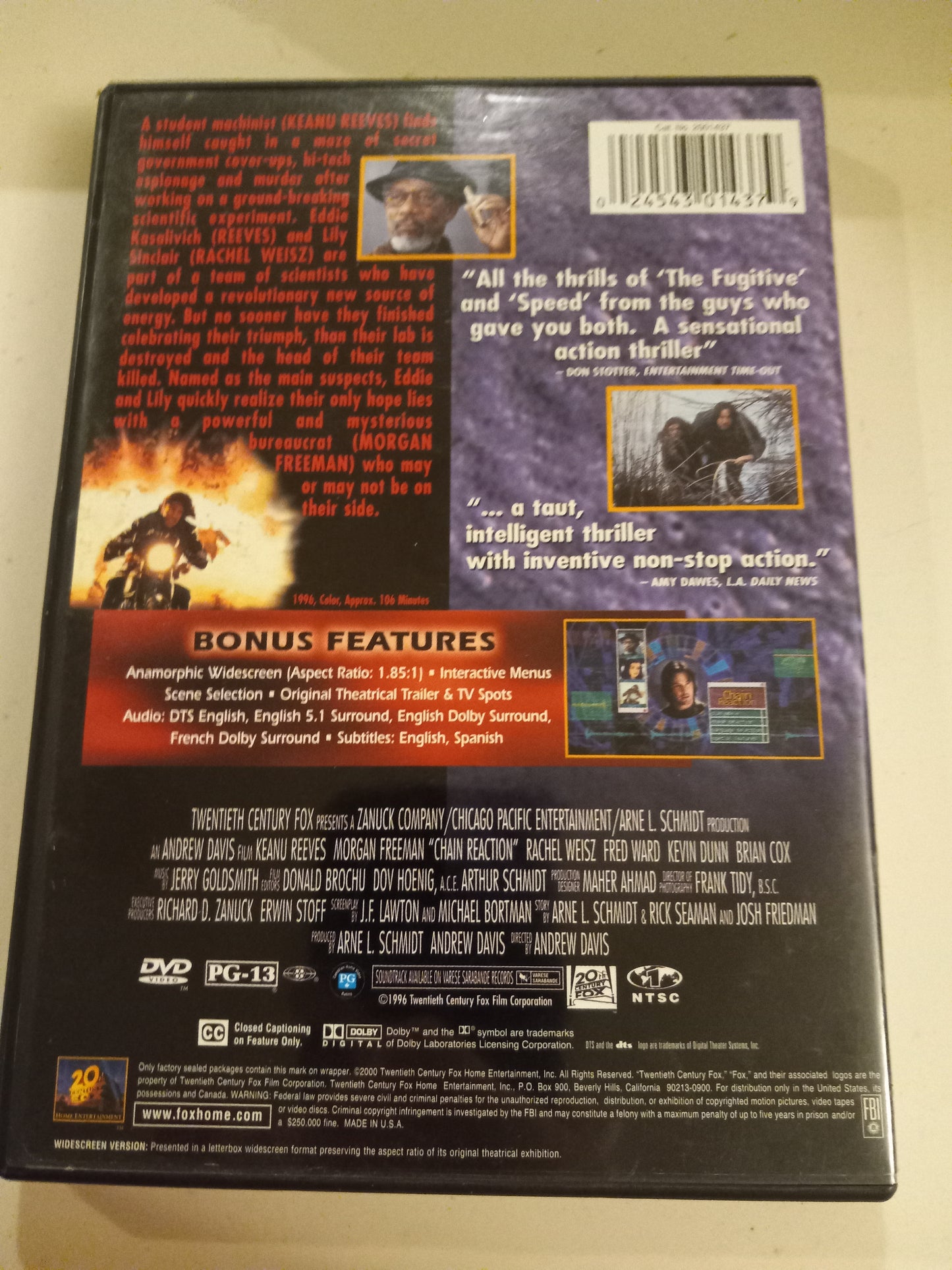 Chain Reaction, DVD Movie, Keanu Reeves Widescreen, Rated PG-13, USED