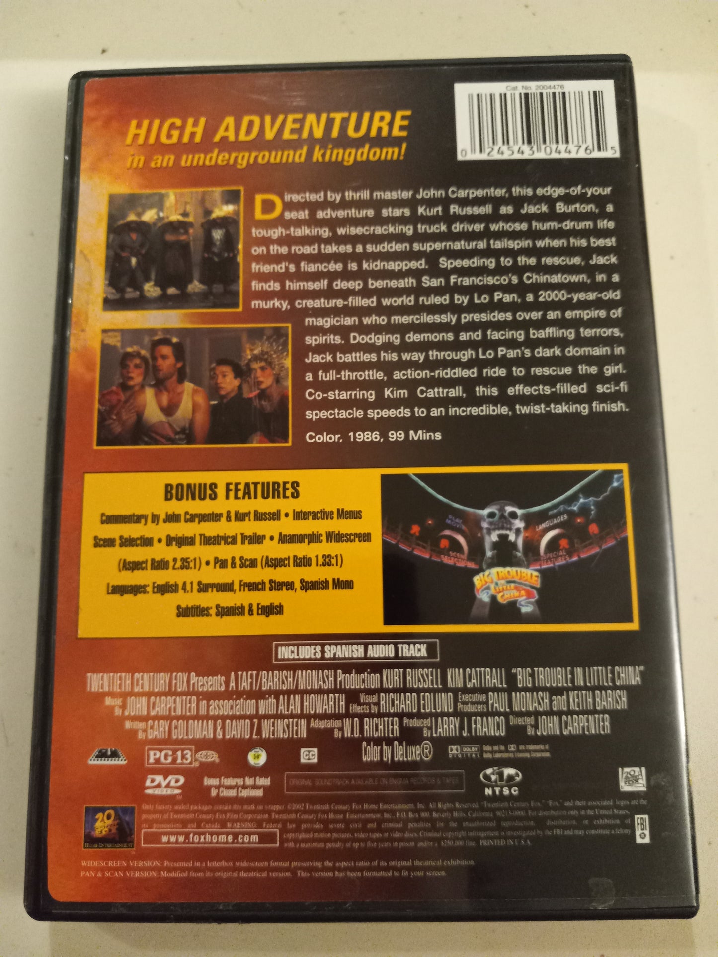 Big Trouble In Little China, DVD Movie, Widescreen, Rated PG-13, USED