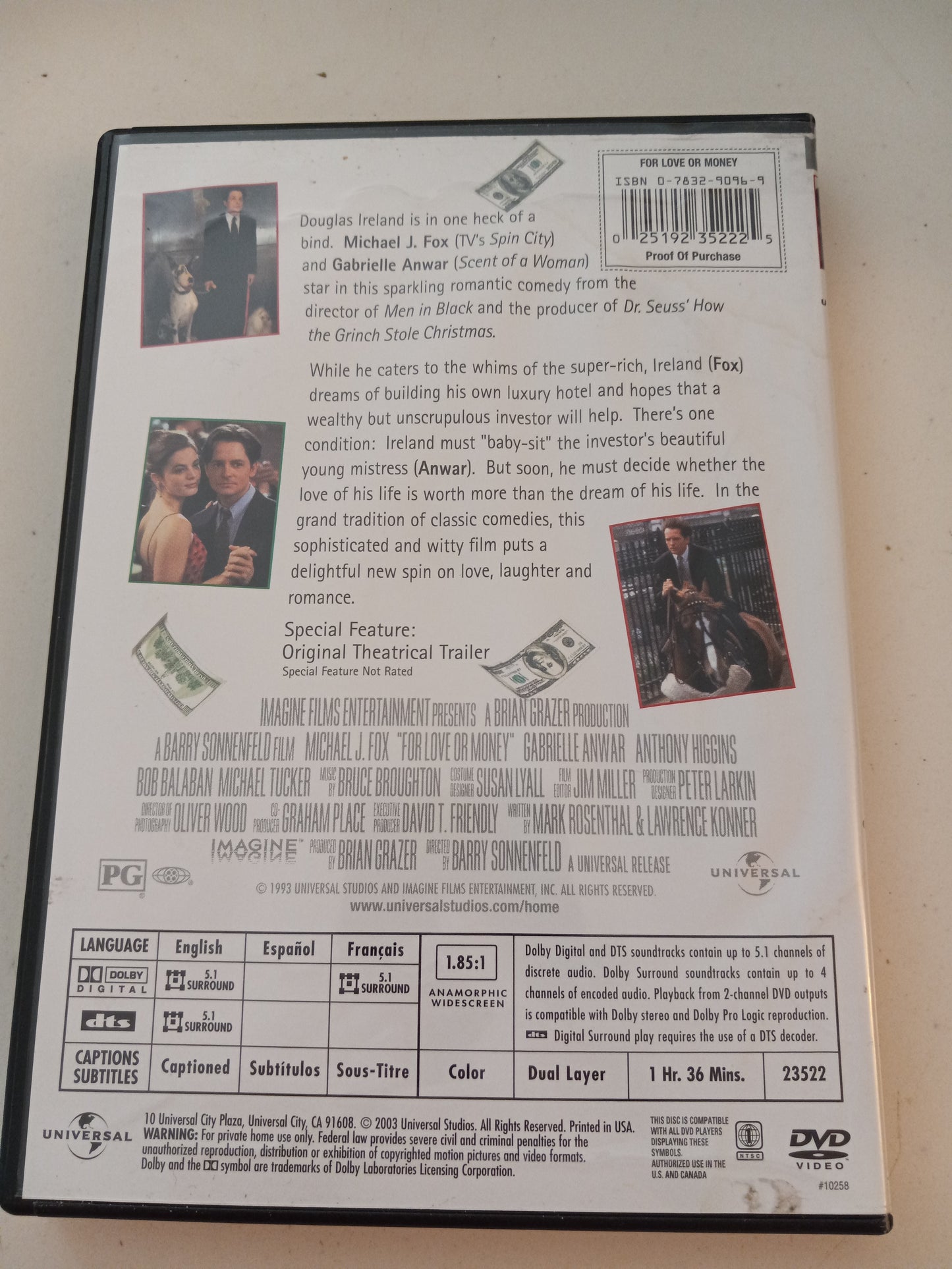 For Love Or Money, DVD Movie, Widescreen, Rated PG, USED