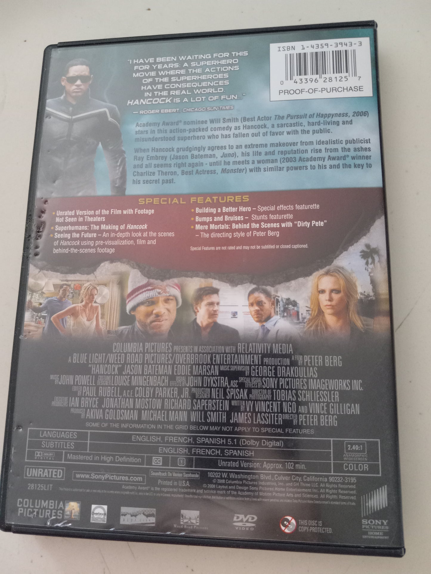 Hancock, DVD Movie, Will Smith Widescreen, Not Rated, PG-13, USED
