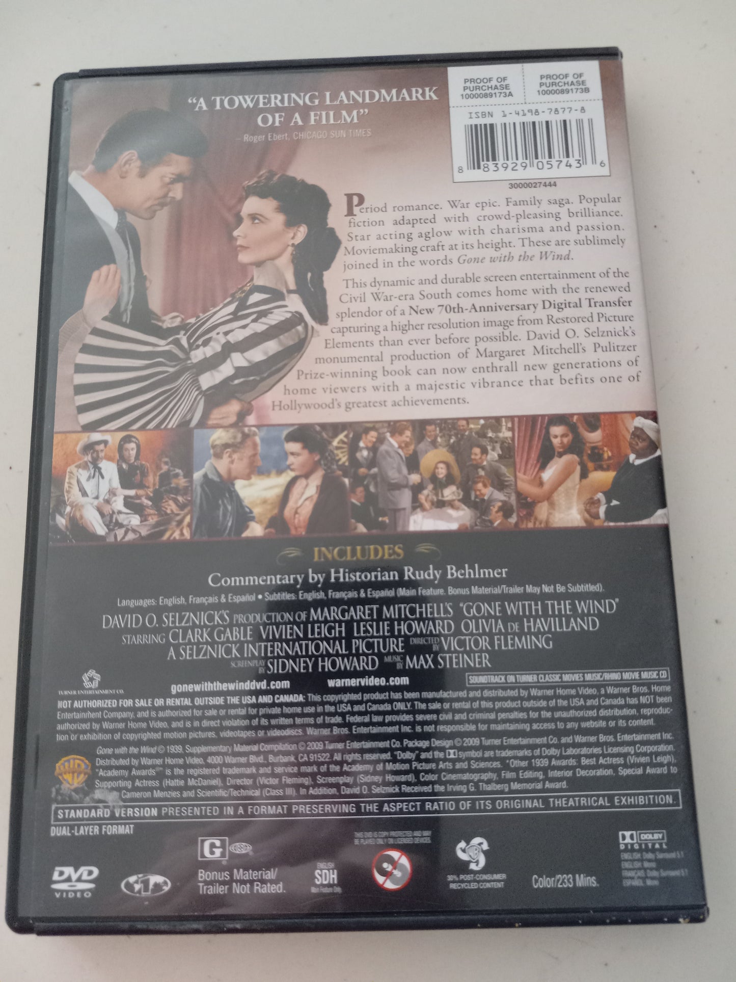 Gone With The Wind, 2 Discs, DVD Movie, 70th Anniversary Ed. Rated G, Standard, USED