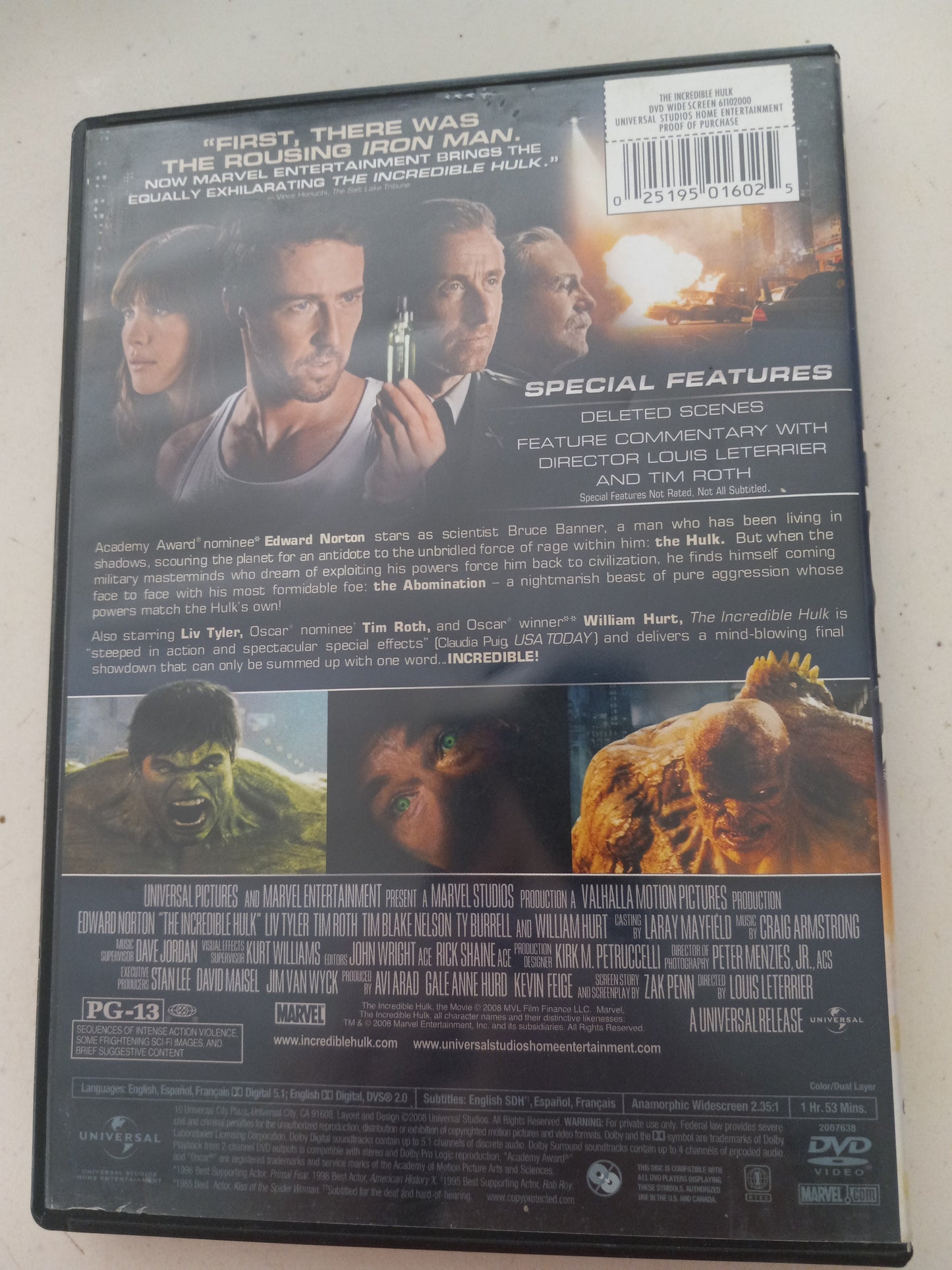 The Incredible Hulk, DVD Movie, Edward Norton Widescreen, Rated PG-13, USED.