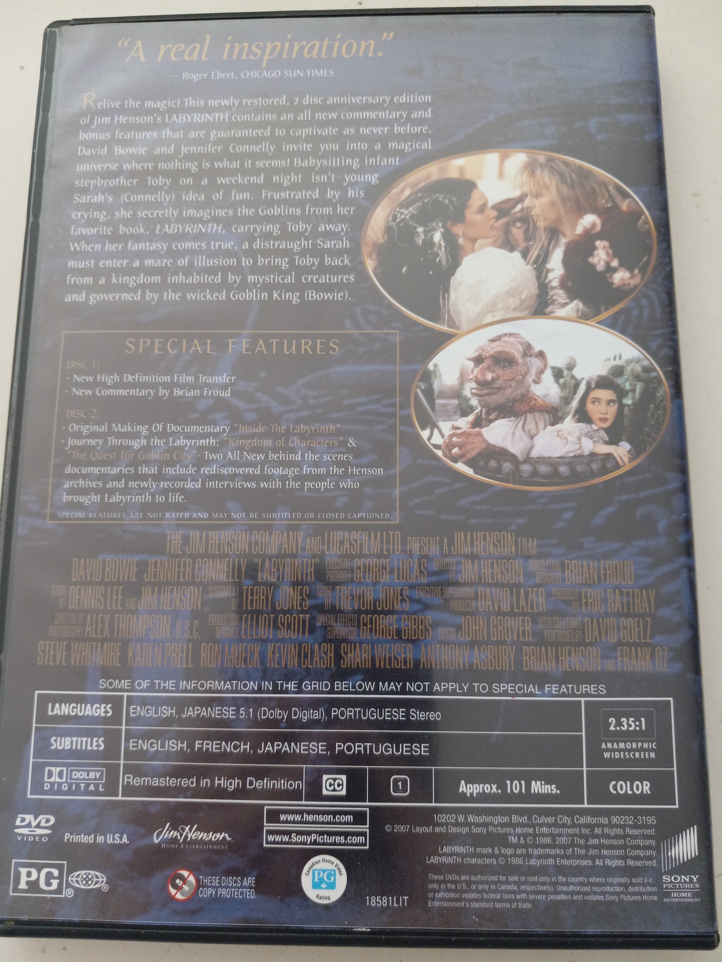 Labyrinth, 2 Discs Anniversary Ed., DVD Movie, David Bowie Widescreen, Rated PG, USED