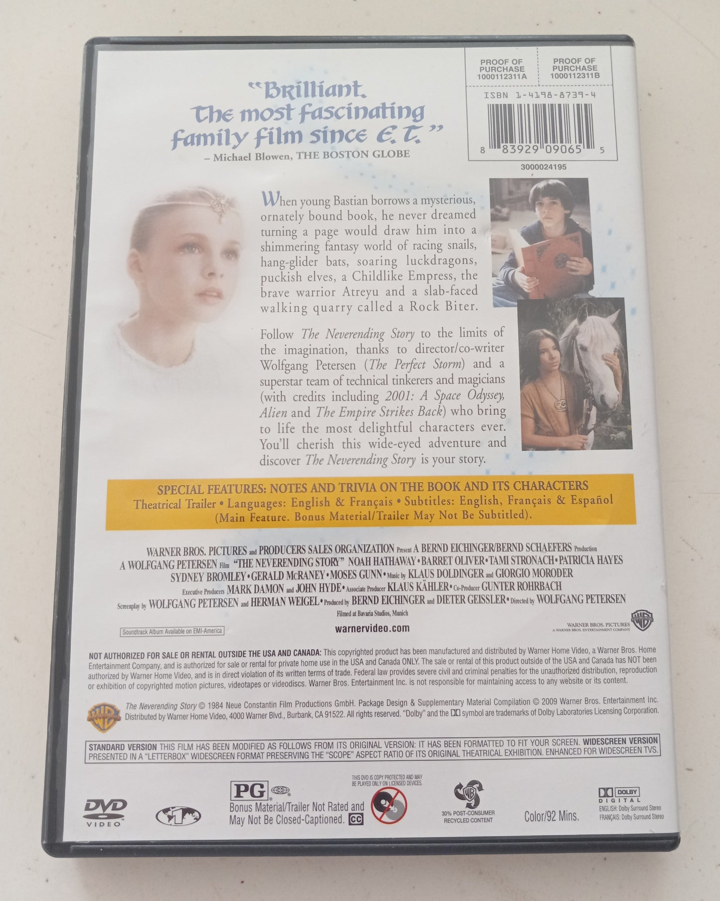 The Never Ending Story, DVD Movie Fullscreen, Rated PG-13, USED