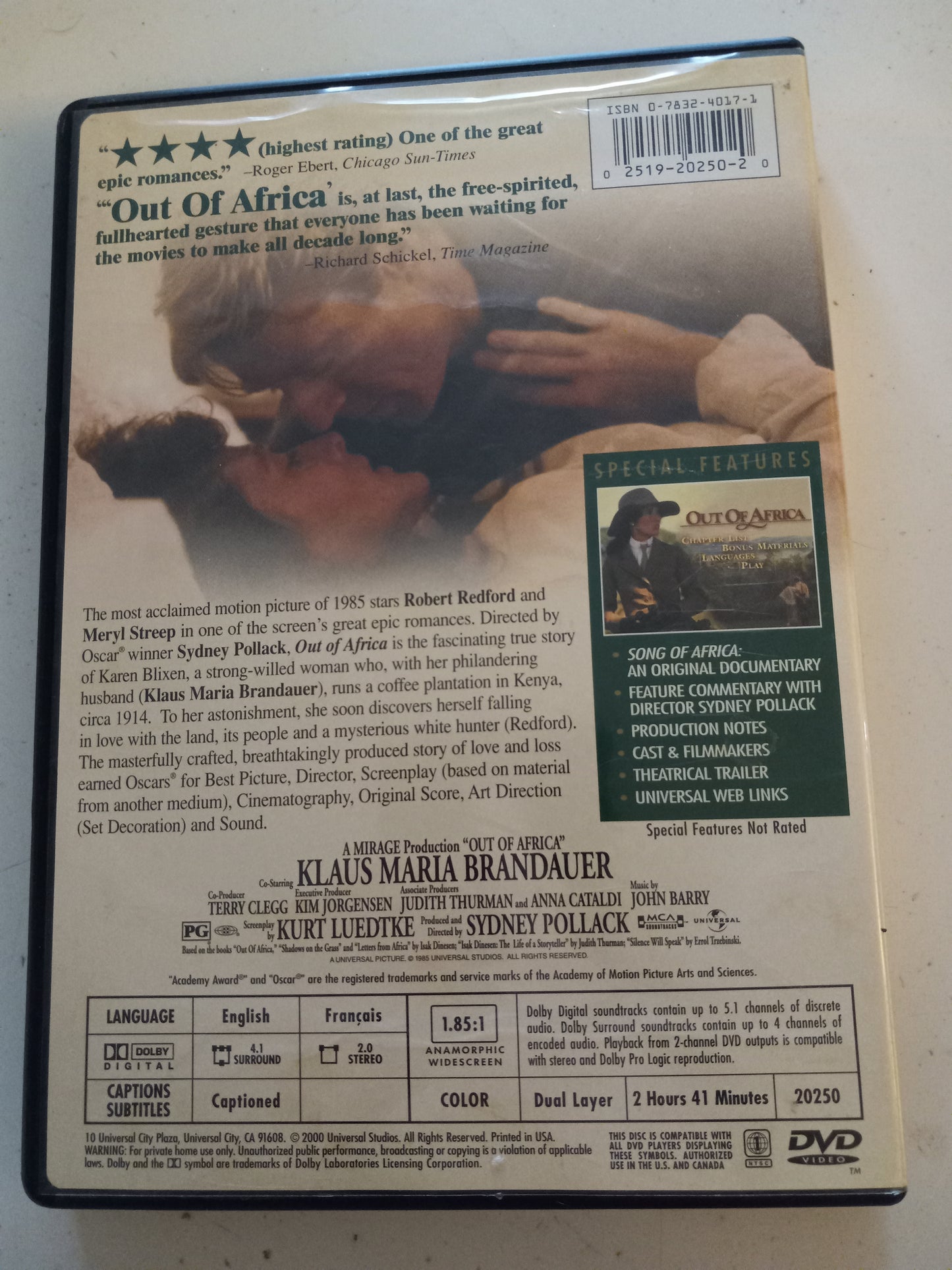 Out Of Africa, DVD Movie, Widescreen, Rated PG, USED