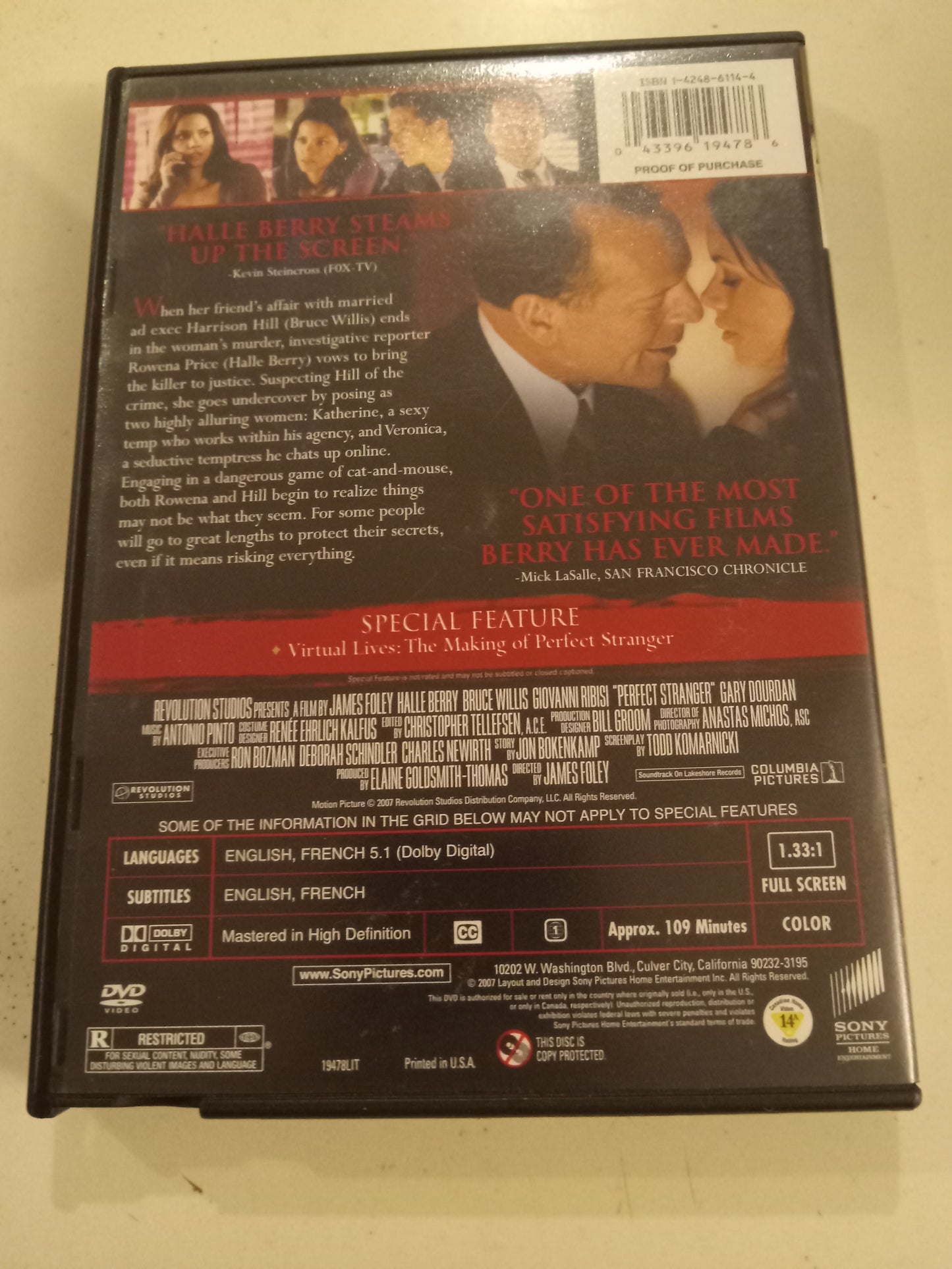 Perfect Stranger, DVD Movie Halle Berry Widescreen/Fullscreen, Rated R, USED