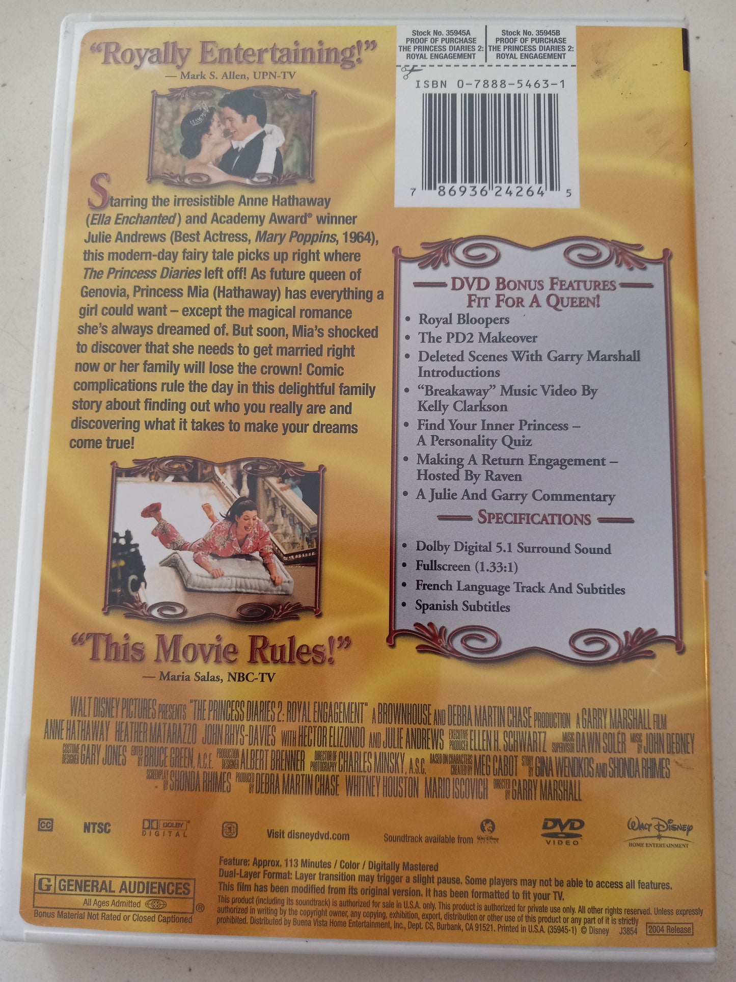 The Princess Diaries 2 Royal Engagement, DVD Movie, Fullscreen, Rated G, USED