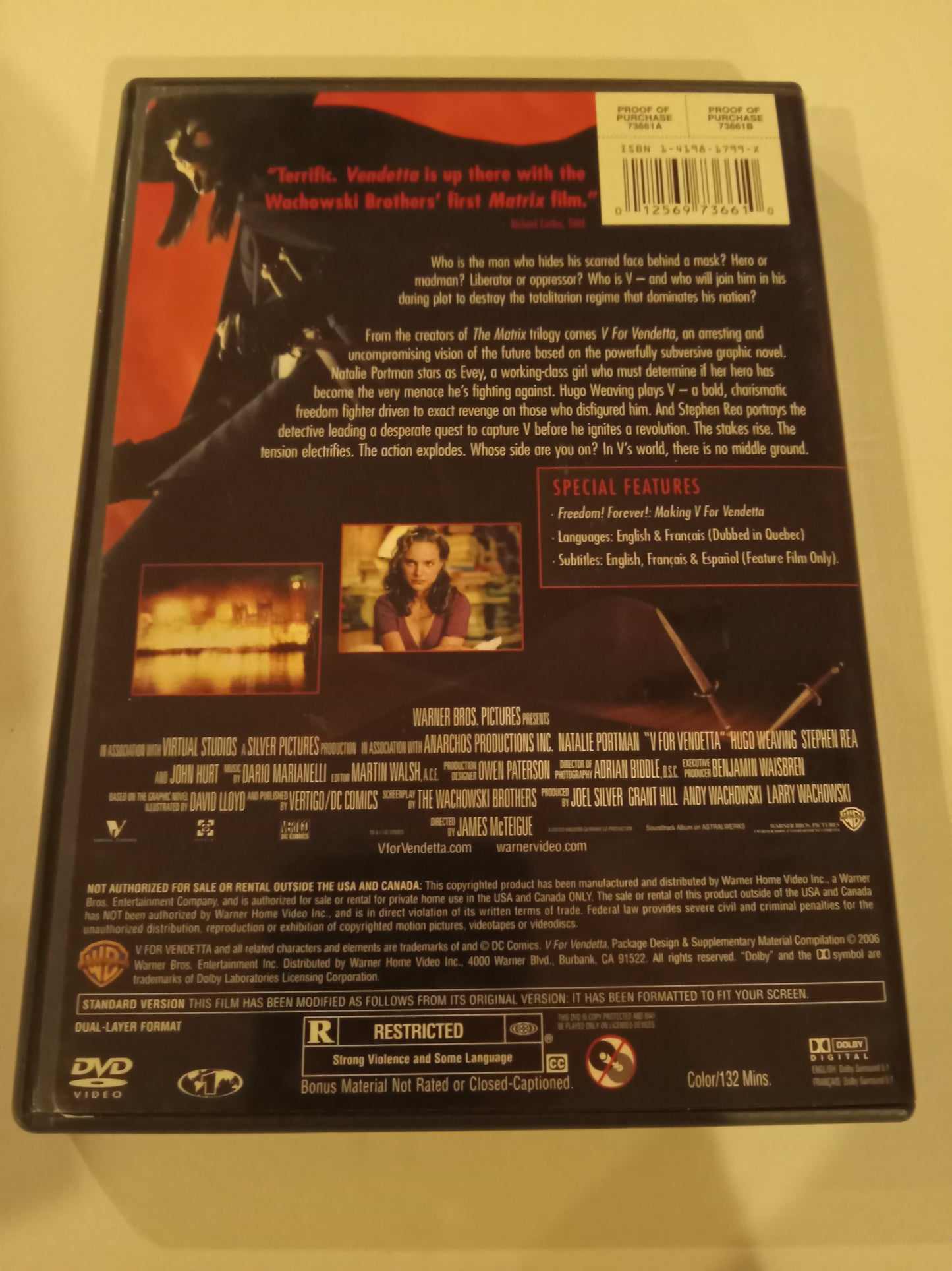 V For Vendetta, DVD Movie, Widescreen, Rated R, USED