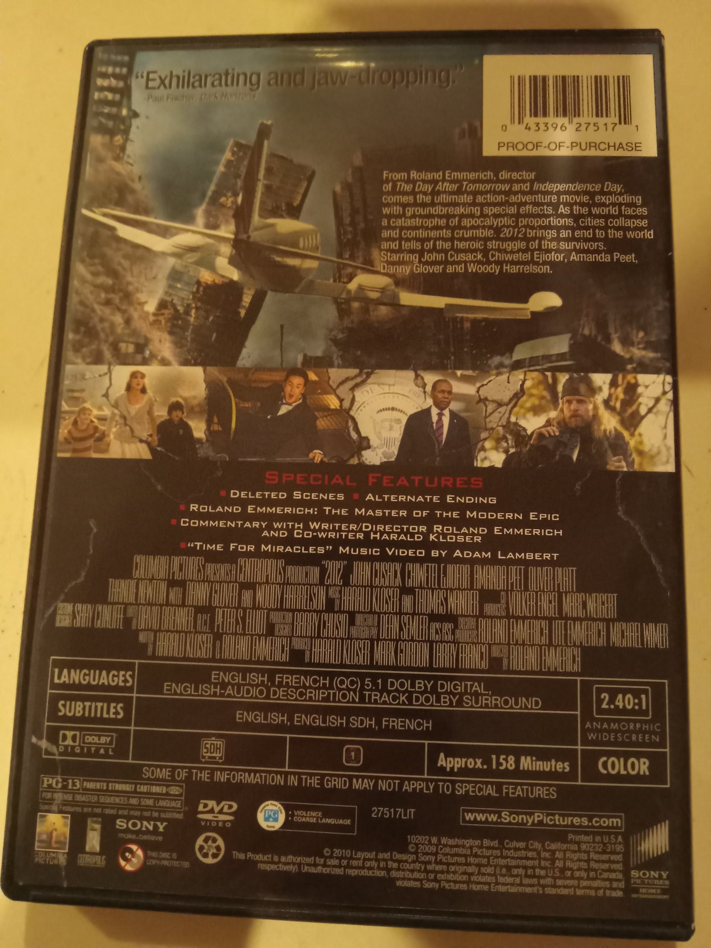 2012, DVD Movie, Widescreen, Rated PG-13, USED