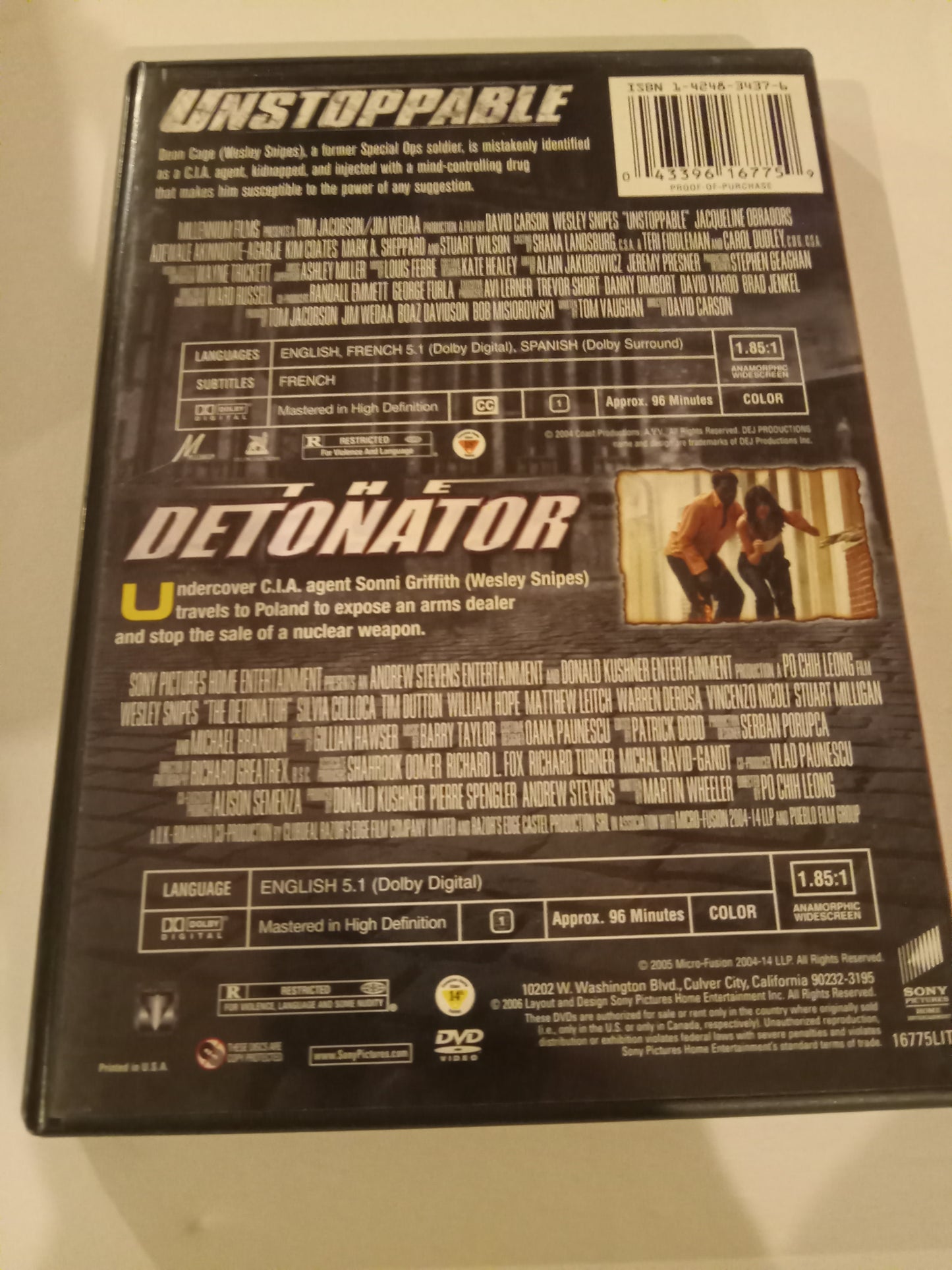 Wesley Snipes Unstoppable | The Detonator Double Feature, DVD Movies, Widescreen, Rated R, USED