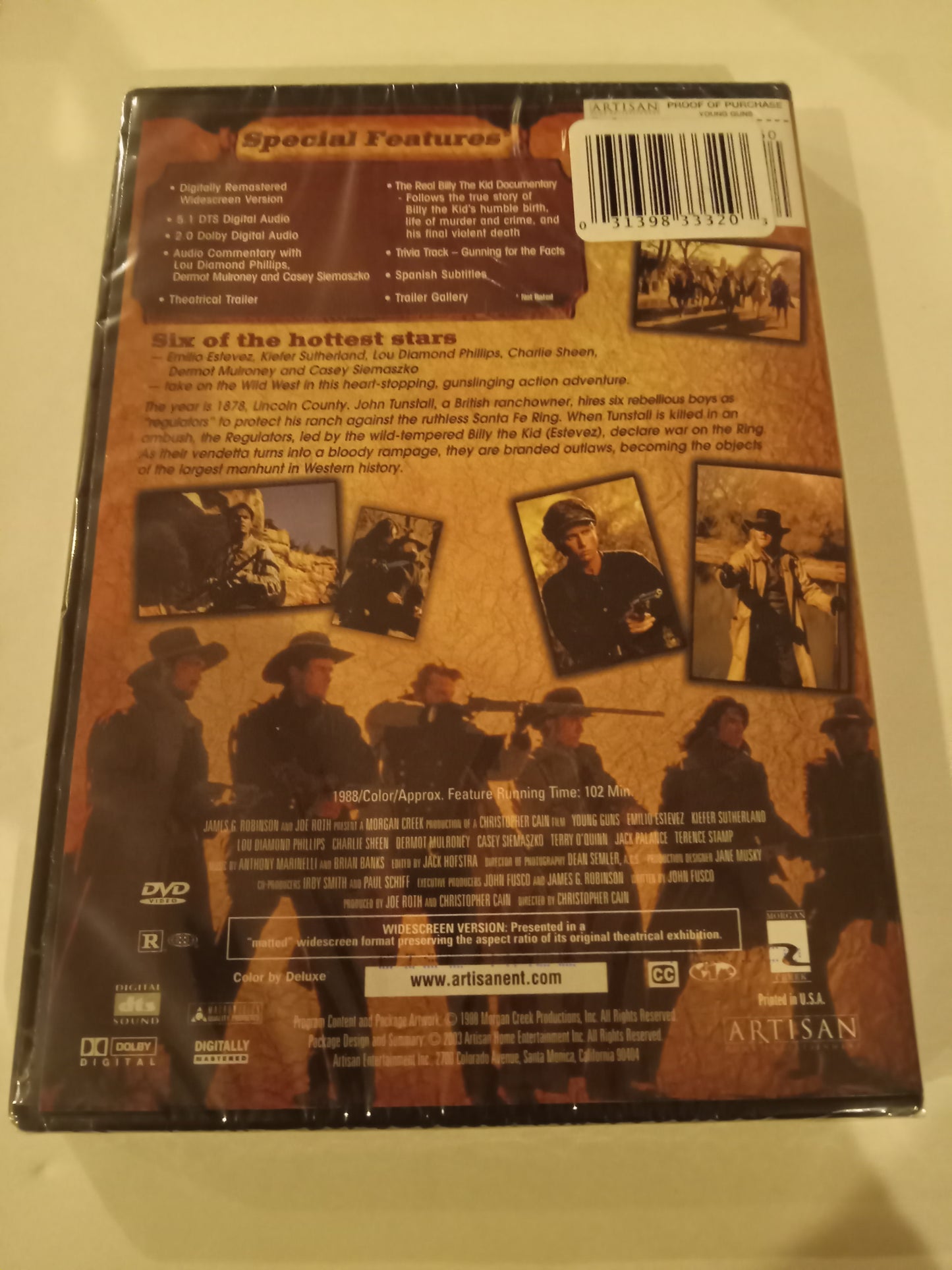 Young Guns, Exclusive Retro VHS Slip Cover/Special Ed. DVD Movie, Emilio Estevez Widescreen, Rated R, NEW/USED
