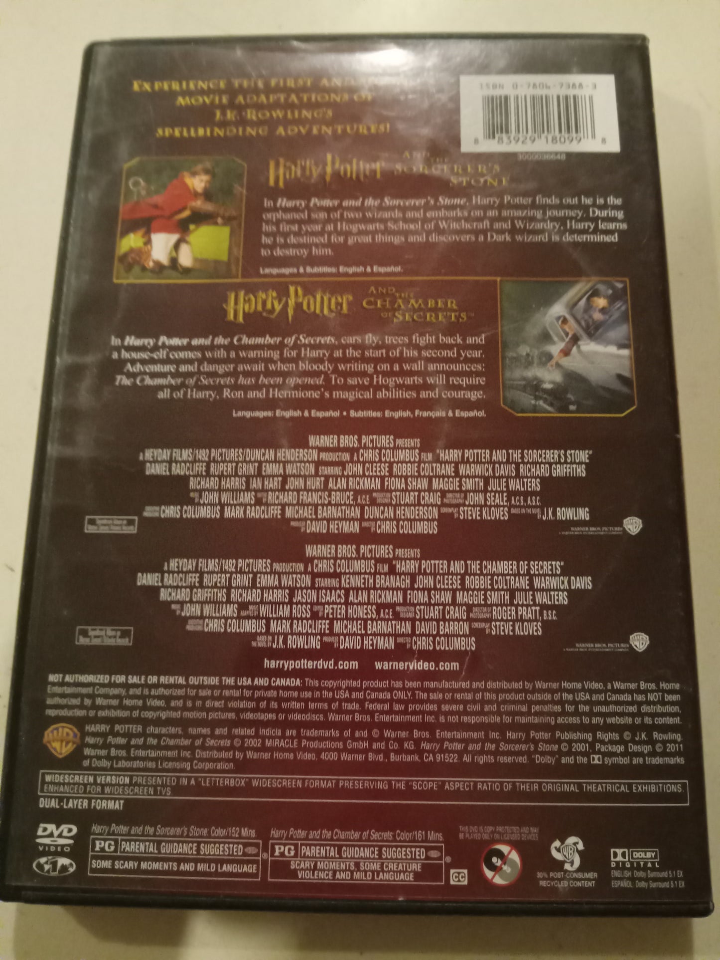 Harry Potter And The Chamber Of Secrets + The Sorcerers Stone, 2 Disks, DVD Movies, Widescreen, Rated PG, USED