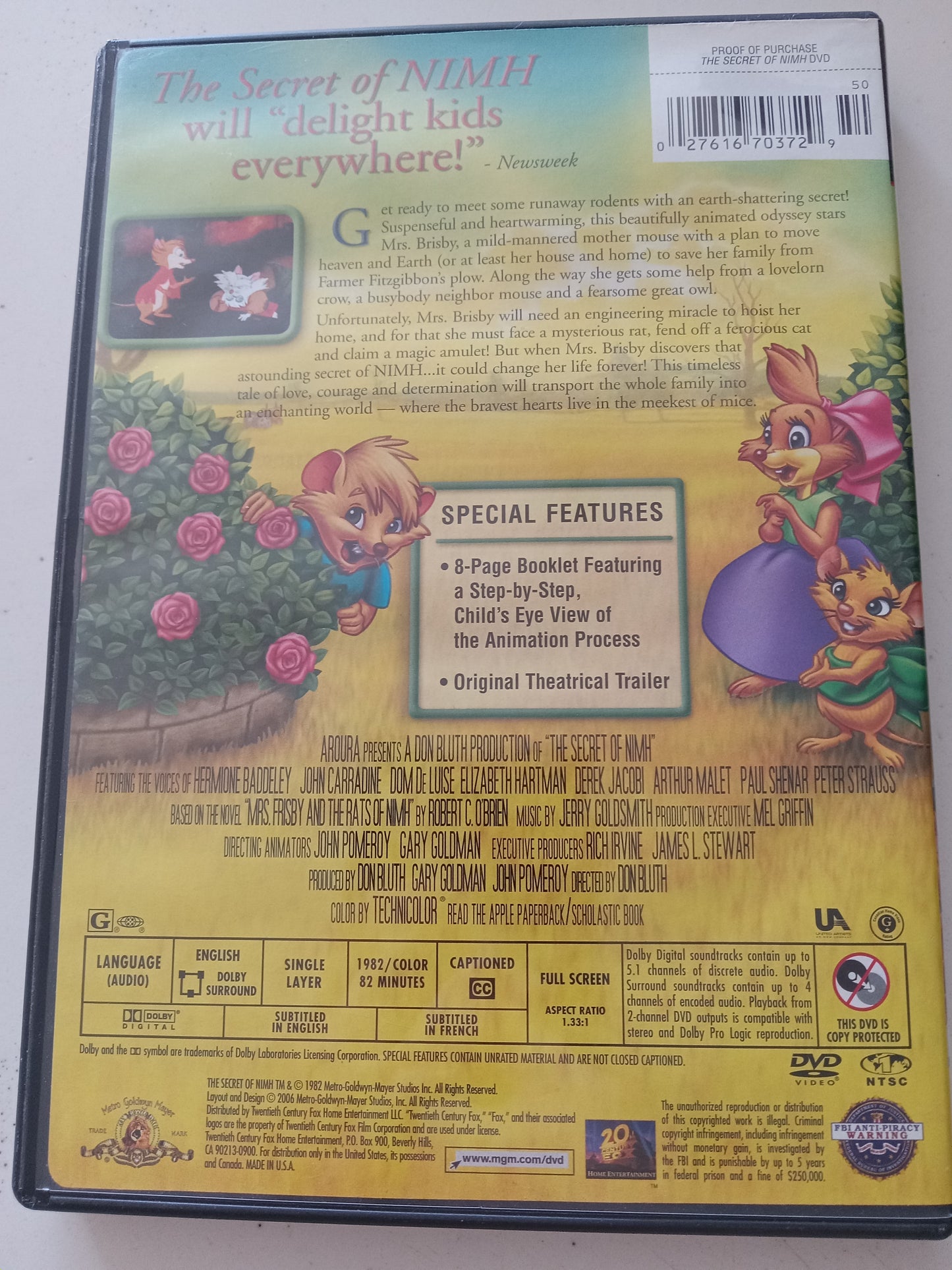 The Secret Of Nimh, Animated DVD Movie, John Carradine Fullscreen, Rated G, USED