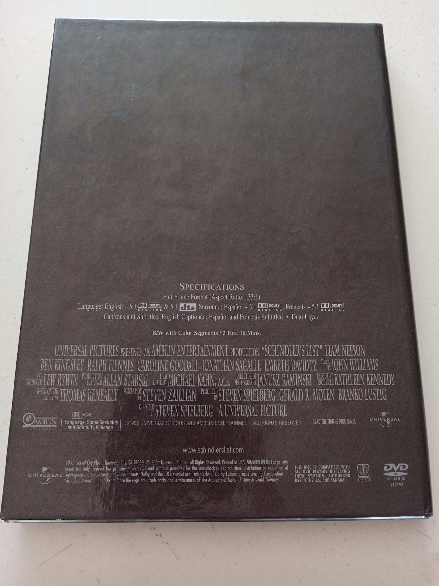 Schindler's List, DVD Movie, Fullscreen, Rated R, USED