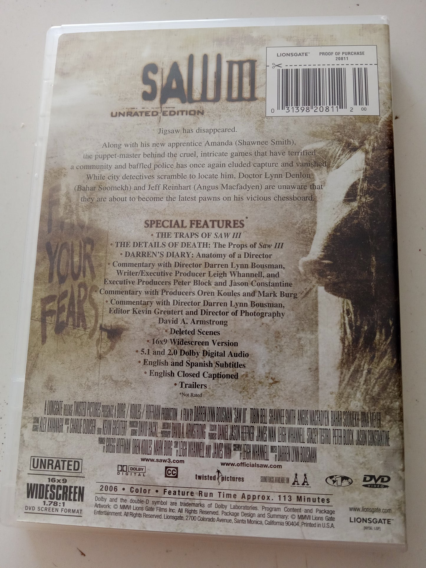 Saw III (3), DVD Movie, Widescreen/Fullscreen, Not Rated, USED