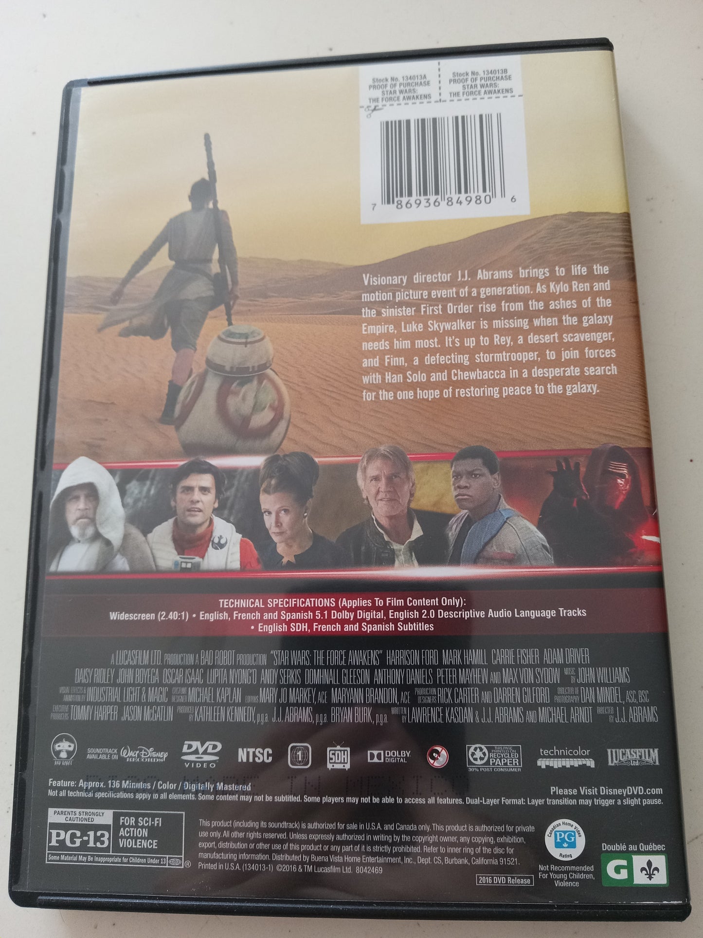 Star Wars The Force Awakens, DVD Movie, Widescreen, Rated PG-13, USED