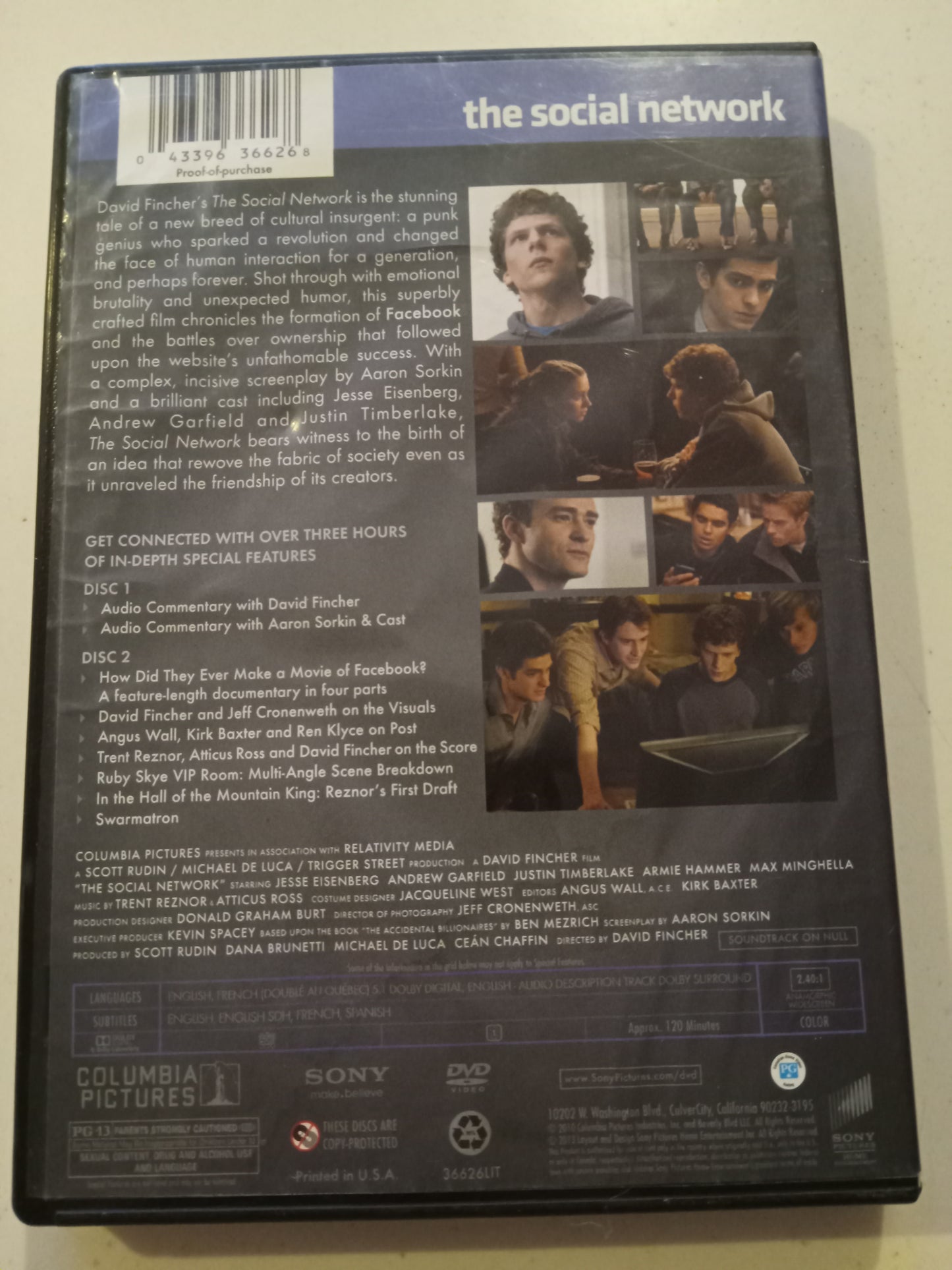 The Social Network, 2 Disc Collector's Ed. DVD Movie, Jesse Eisenberg Widescreen, Rated PG-13, USED