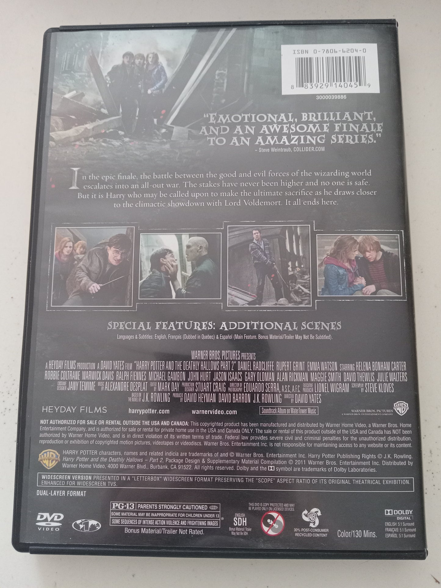 Harry Potter And The Deathly Hallows Part 2, DVD Movie, Widescreen, Rated PG-13, USED