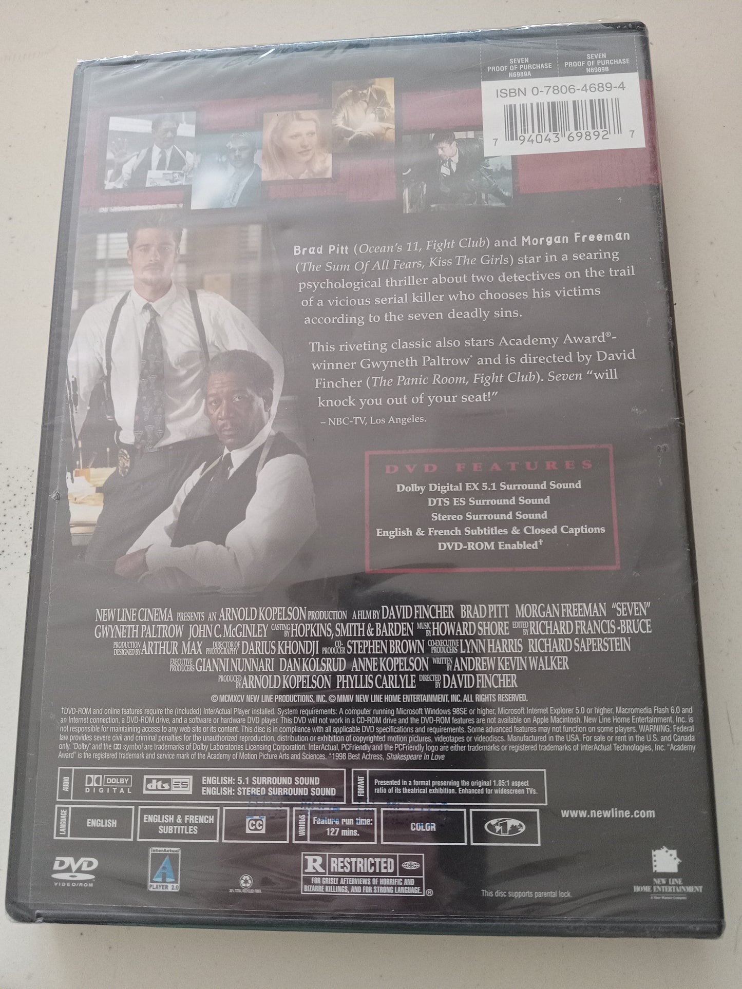 Seven, VII DVD Movie, Brad Pitt, Widescreen, New Line Platinum Ed. Rated R, NEW/USED