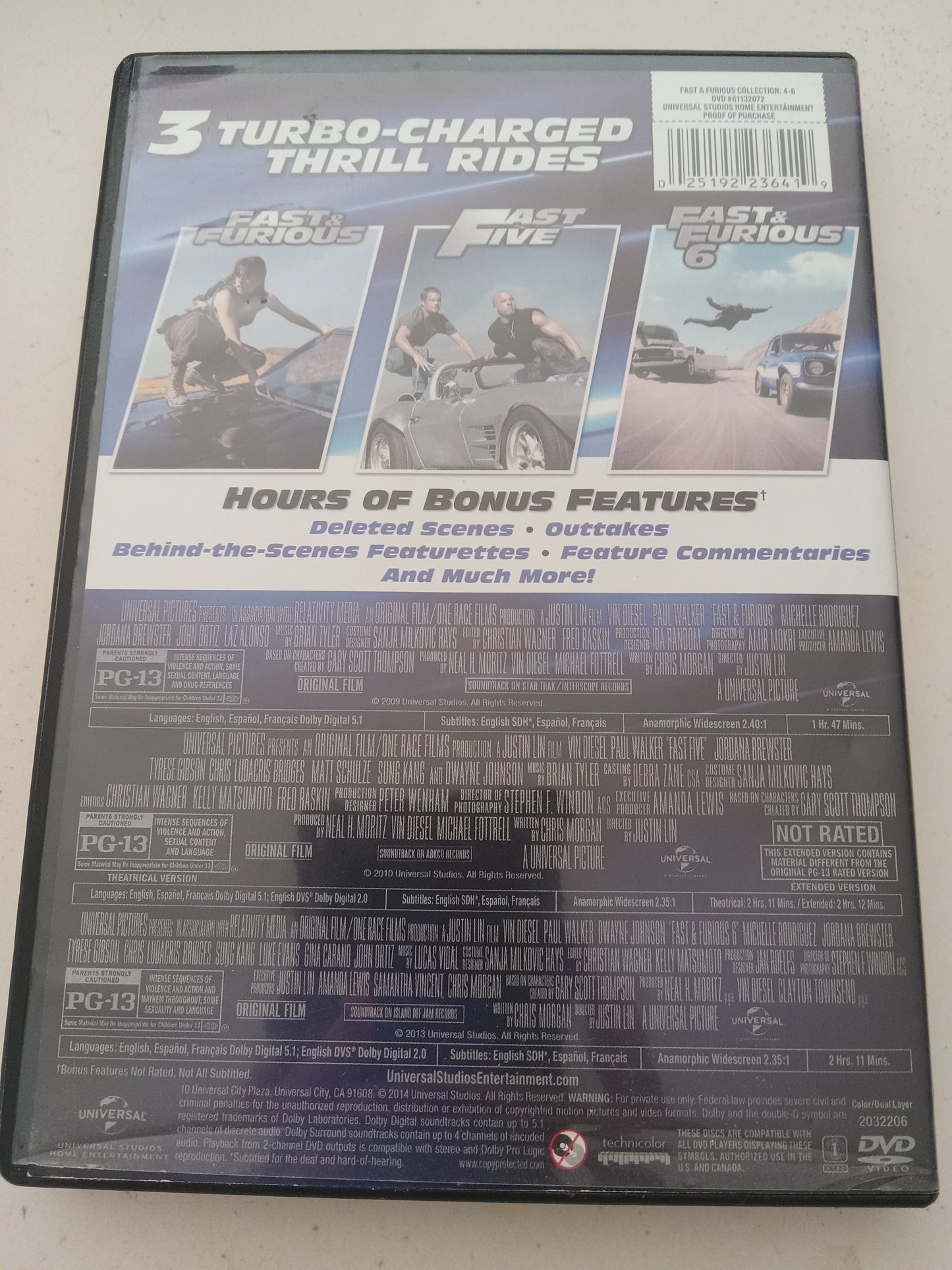 Fast And Furious Collection 4,5,6, Fast Five, DVD Movies, Vin Diesel Widescreen, Rated PG-13, USED