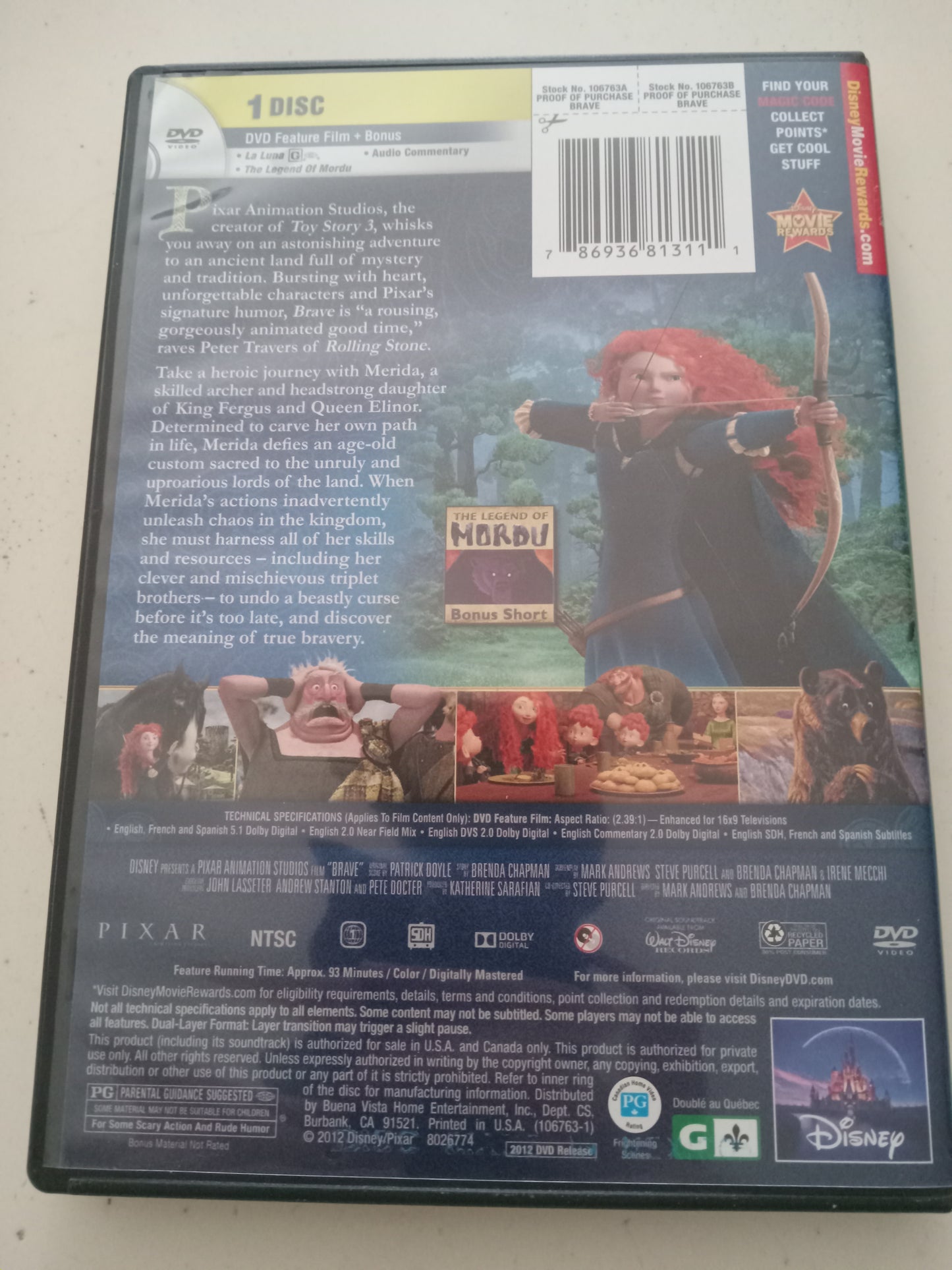 Brave, DVD Movie, Widescreen, Rated PG, USED