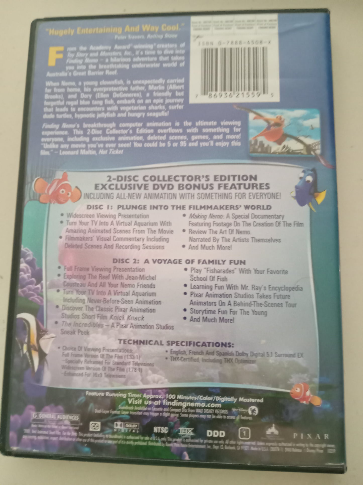 Finding Nemo, Disney Pixar Animation 2 Discs Collector's Ed, DVD Movie, Widescreen/Fullscreen, Rated G, USED
