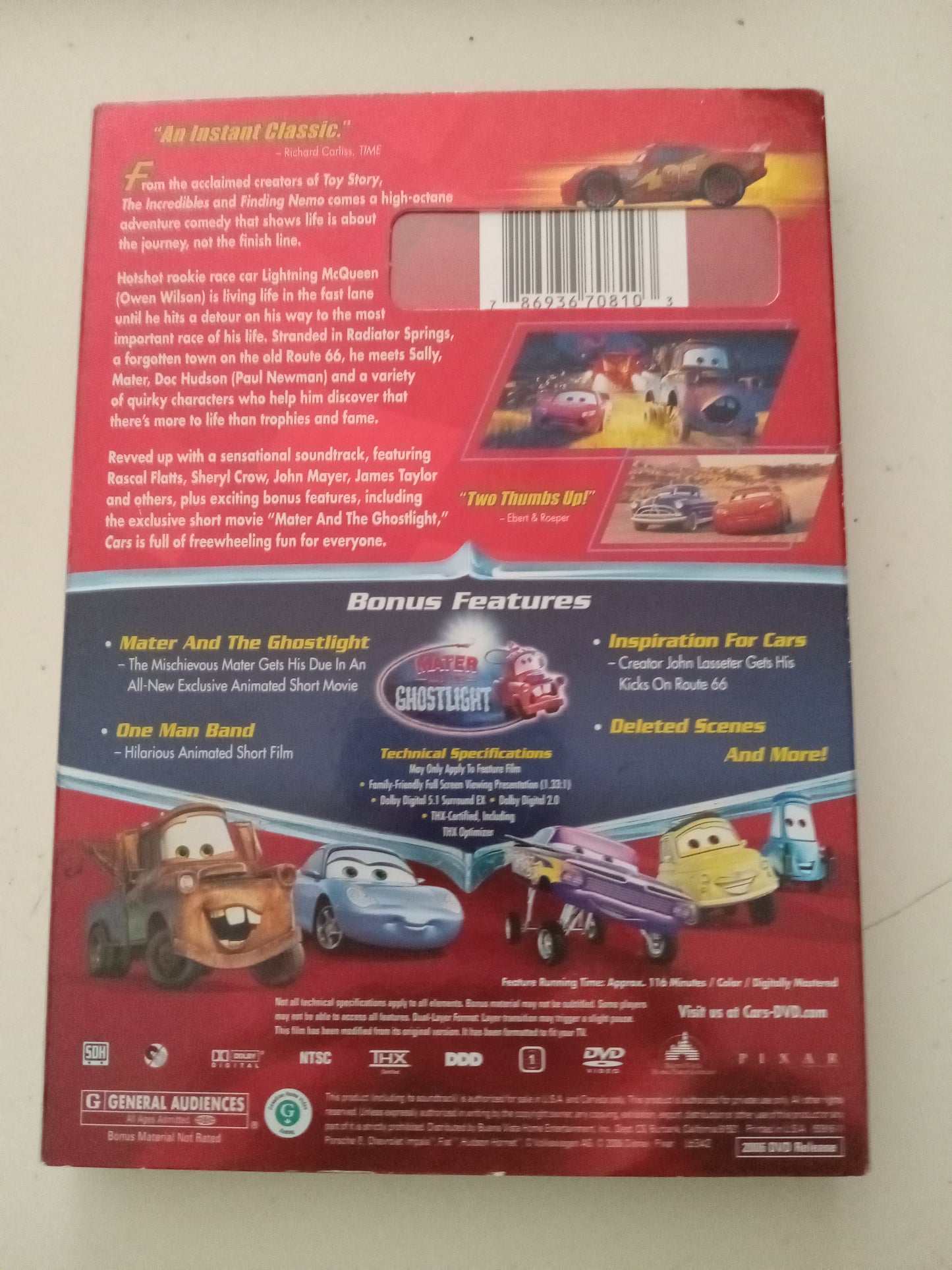 Cars, Pixar Animated DVD Movie, Fullscreen/Widescreen, Rated G, USED