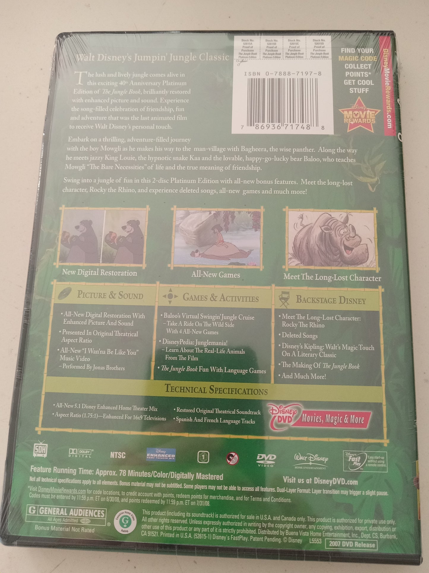 The Jungle Book, Disney Animation, Platinum/Diamond Ed. 2 Discs 40th Anniversary DVD Movie, Widescreen, Rated G, NEW