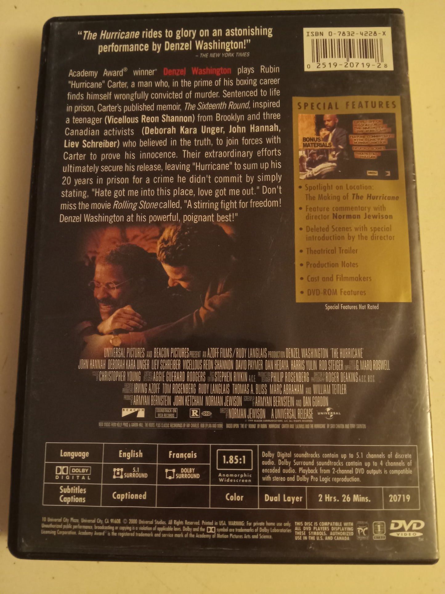 The Hurricane, Collector's Ed. DVD Movie, Widescreen, Rated R, USED