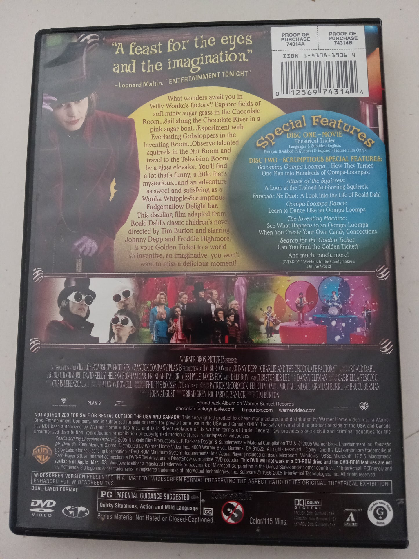 Charlie And The Chocolate Factory, 2 Discs Deluxe Ed, DVD Movie, Widescreen, Rated PG, USED