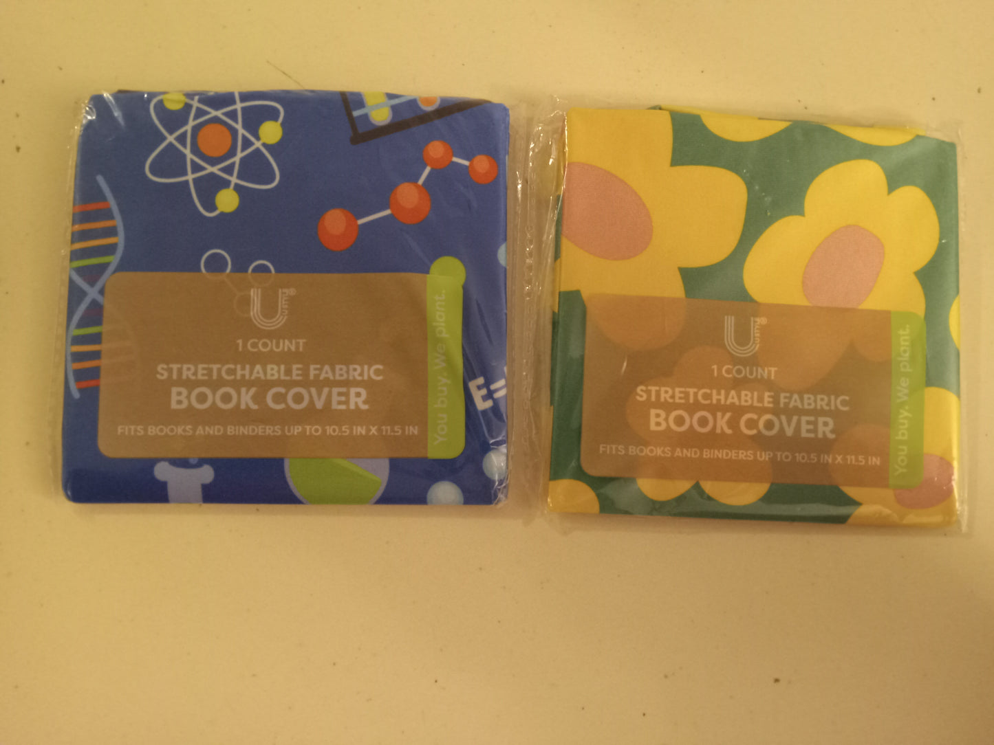 Stretchable Fabric Book Cover, Binder Protector, Blue Science or Green Flowers, Stretch To 10.5"X11.5", NEW