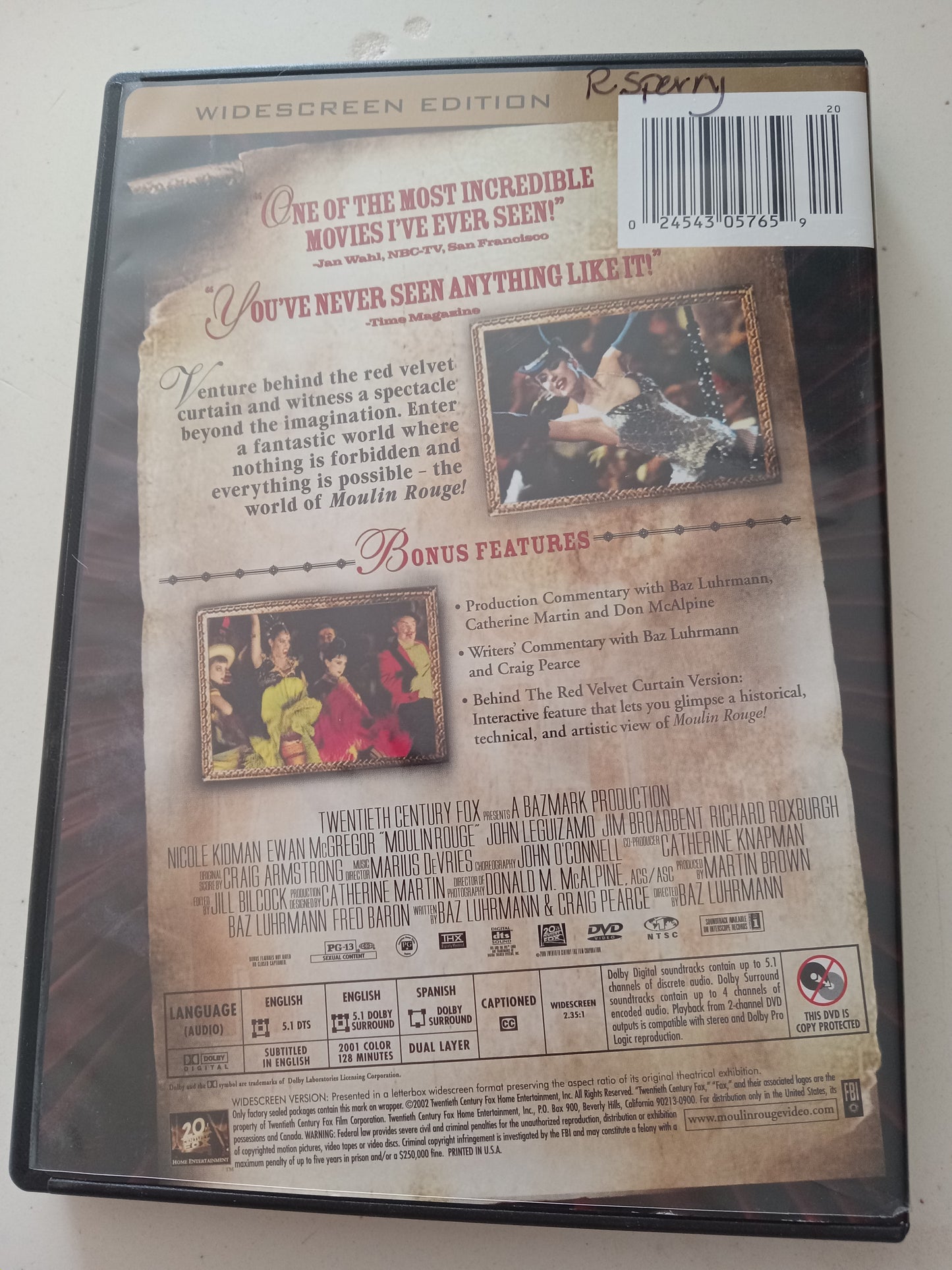 Moulin Rouge, DVD Movie, 2 Disc Special Ed. Nicole Kidman Widescreen, Rated PG-13, NEW/USED