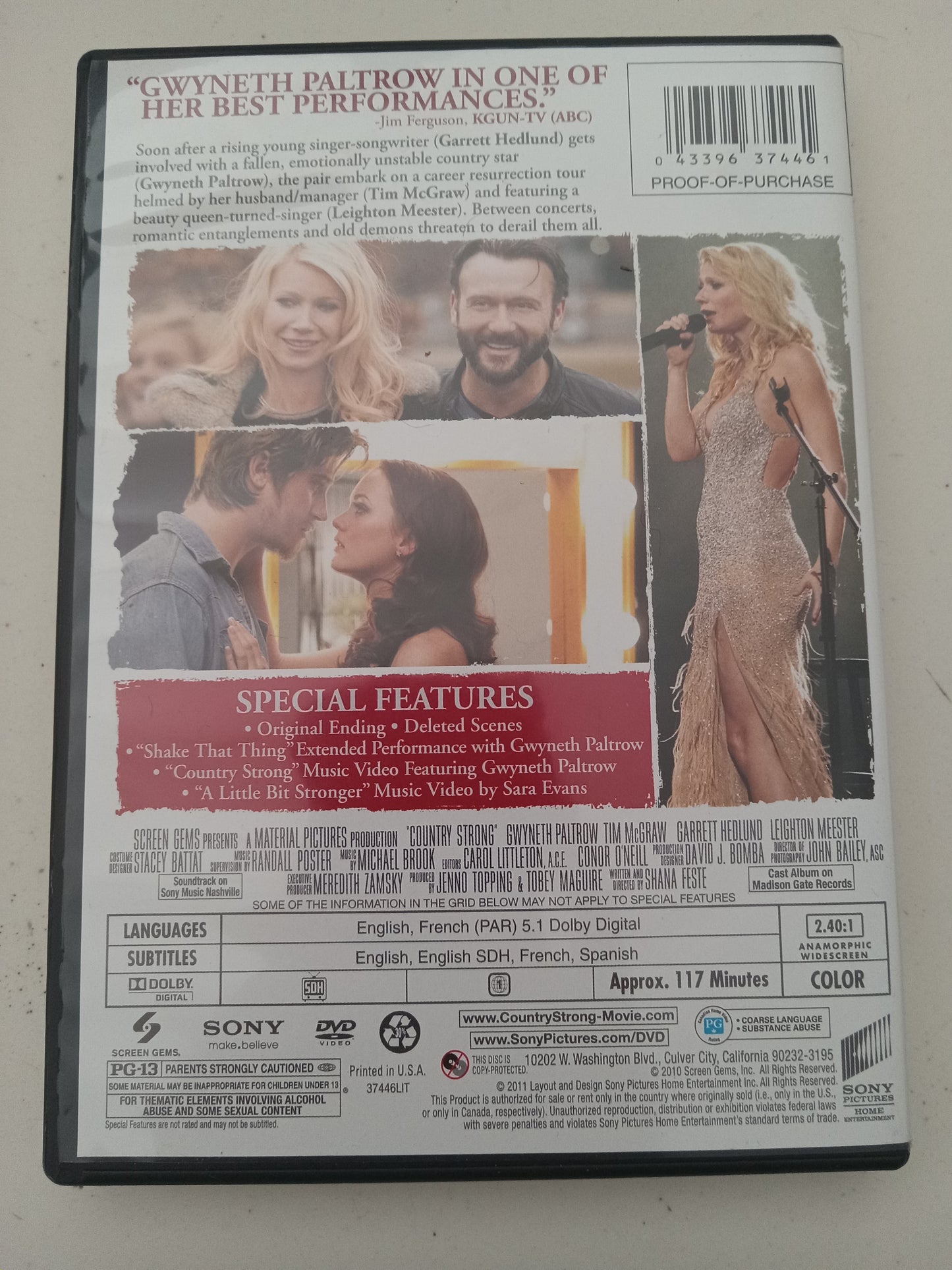Country Strong, DVD Movie Tim McGraw Widescreen, Rated PG-13, USED