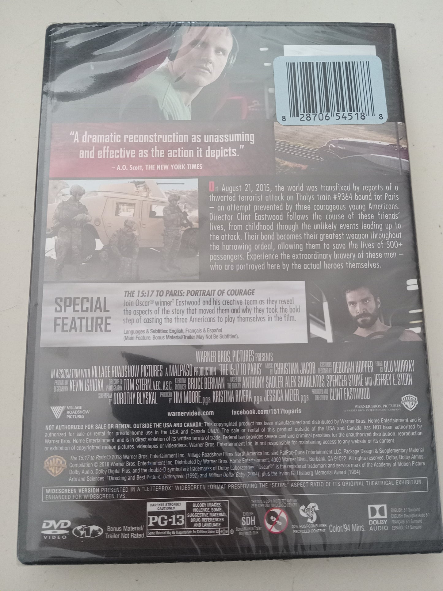The 15:17 To Paris, DVD Movie Widescreen, Rated PG-13, NEW