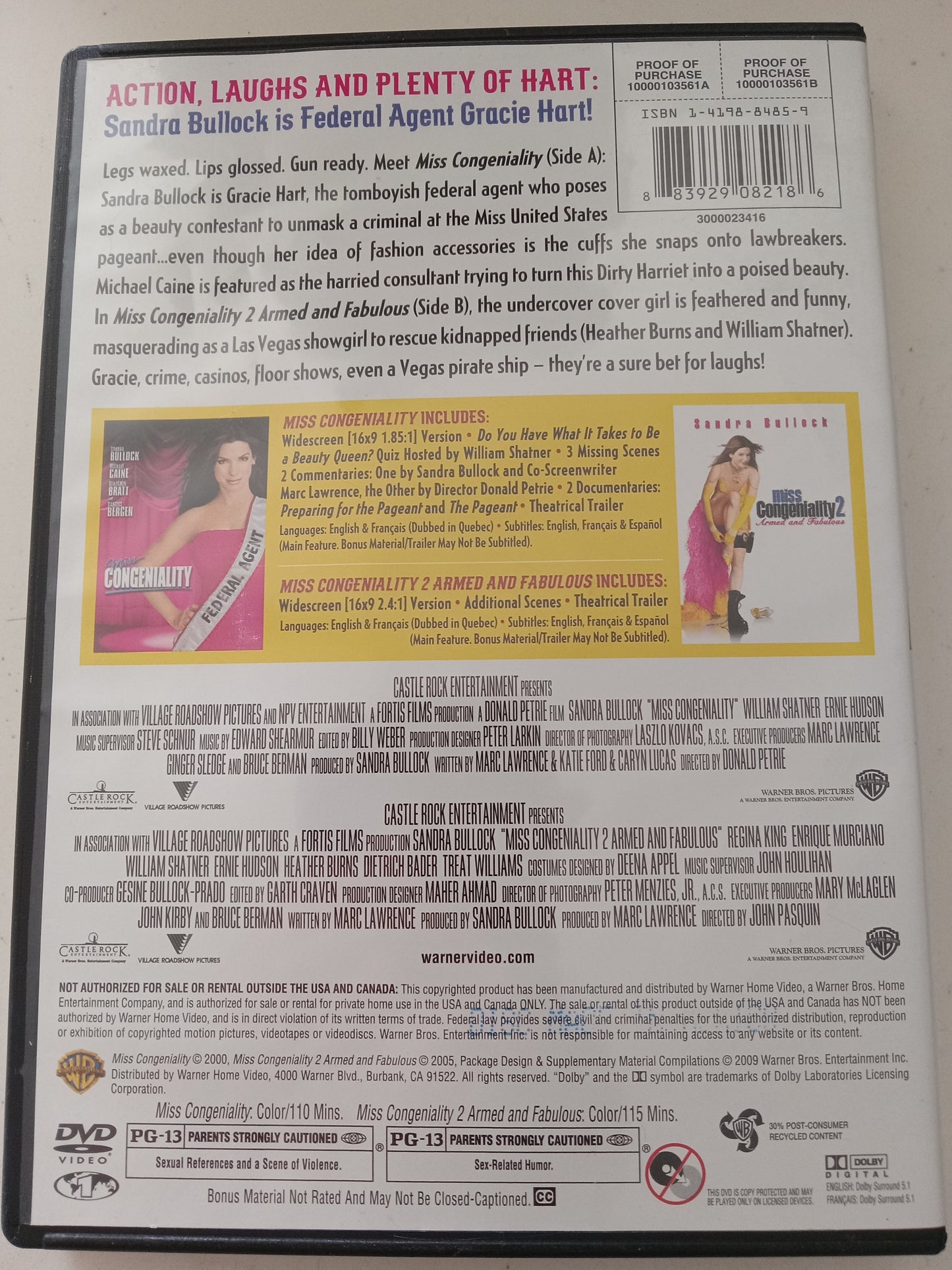 Miss Congeniality 1&2 Armed And Fabulous, Deluxe Ed. 2 DVD Movies, Widescreen/Fullscreen Rated PG-13, USED