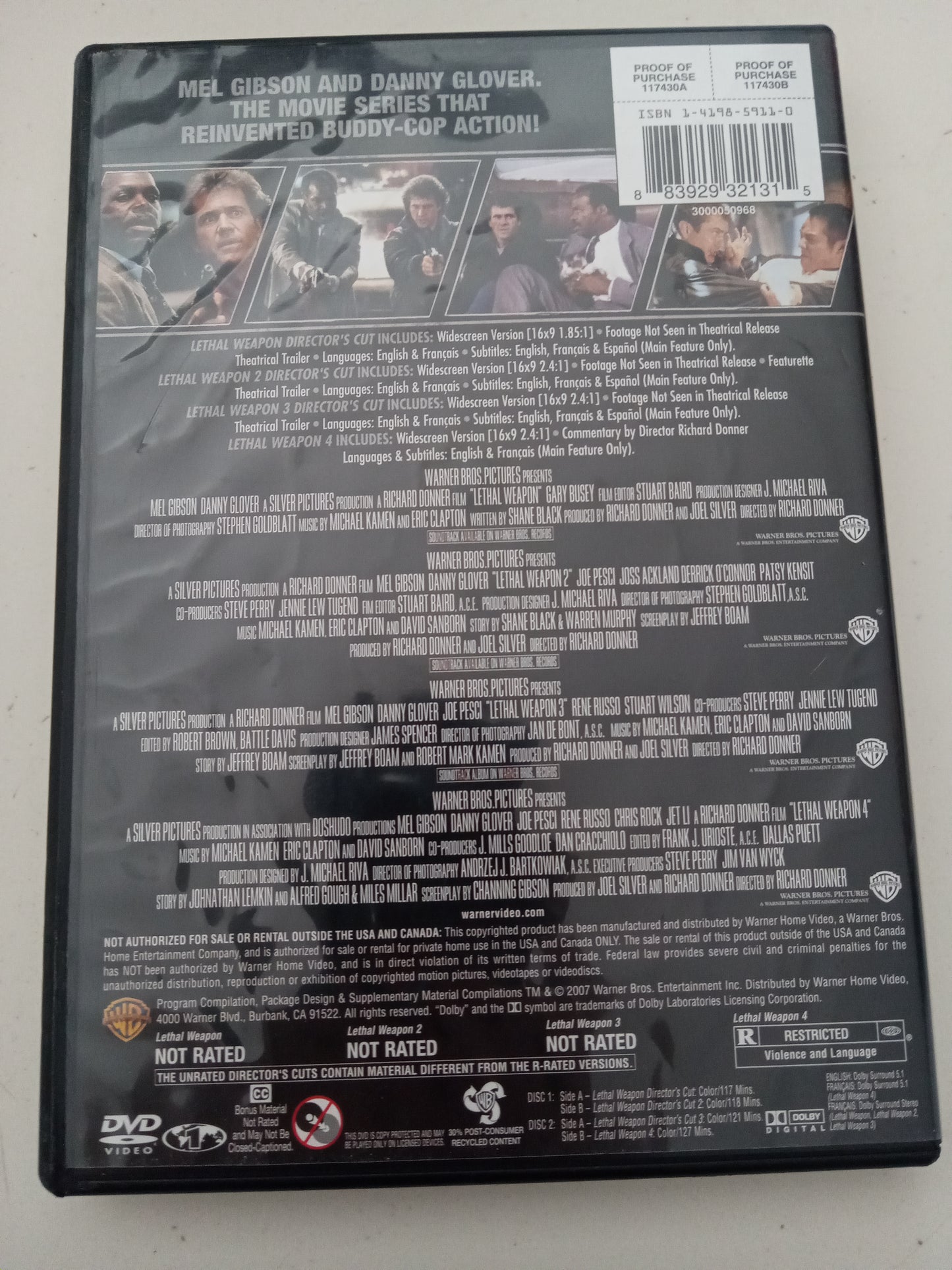 Lethal Weapon 1, 2, 3, 4, 4 Film Favorites, DVD Movies Widescreen, Not Rated/Rated R, USED