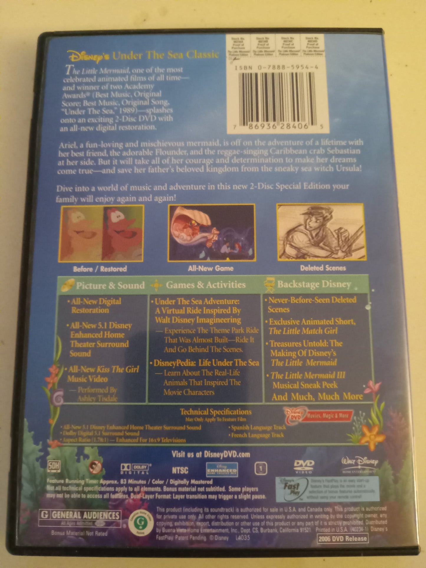 The Little Mermaid, Platinum Edition, 1/2 Discs, DVD Movie, Widescreen, Rated G, USED