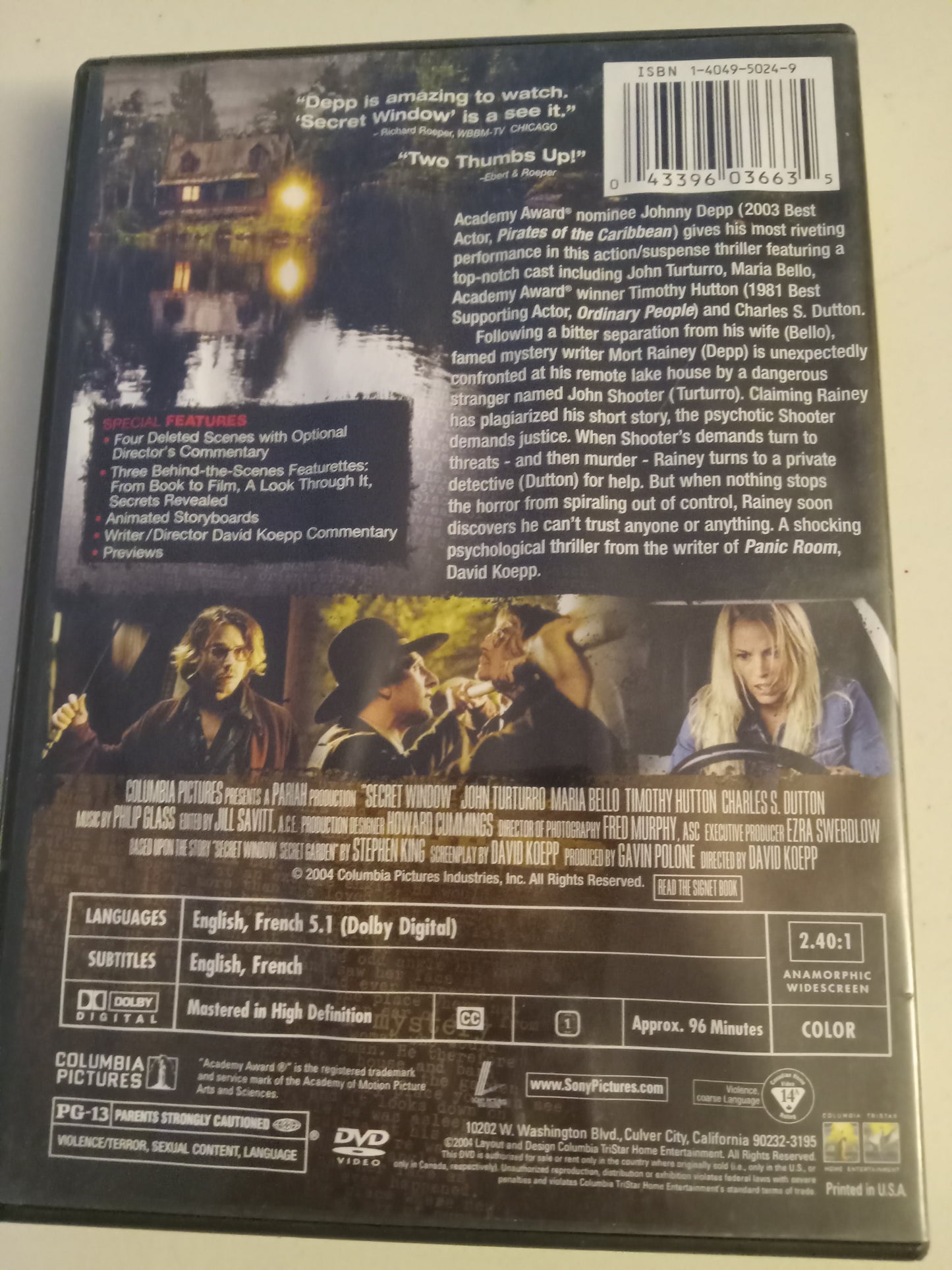 Secret Window, DVD Movie, Widescreen, Rated PG-13, USED