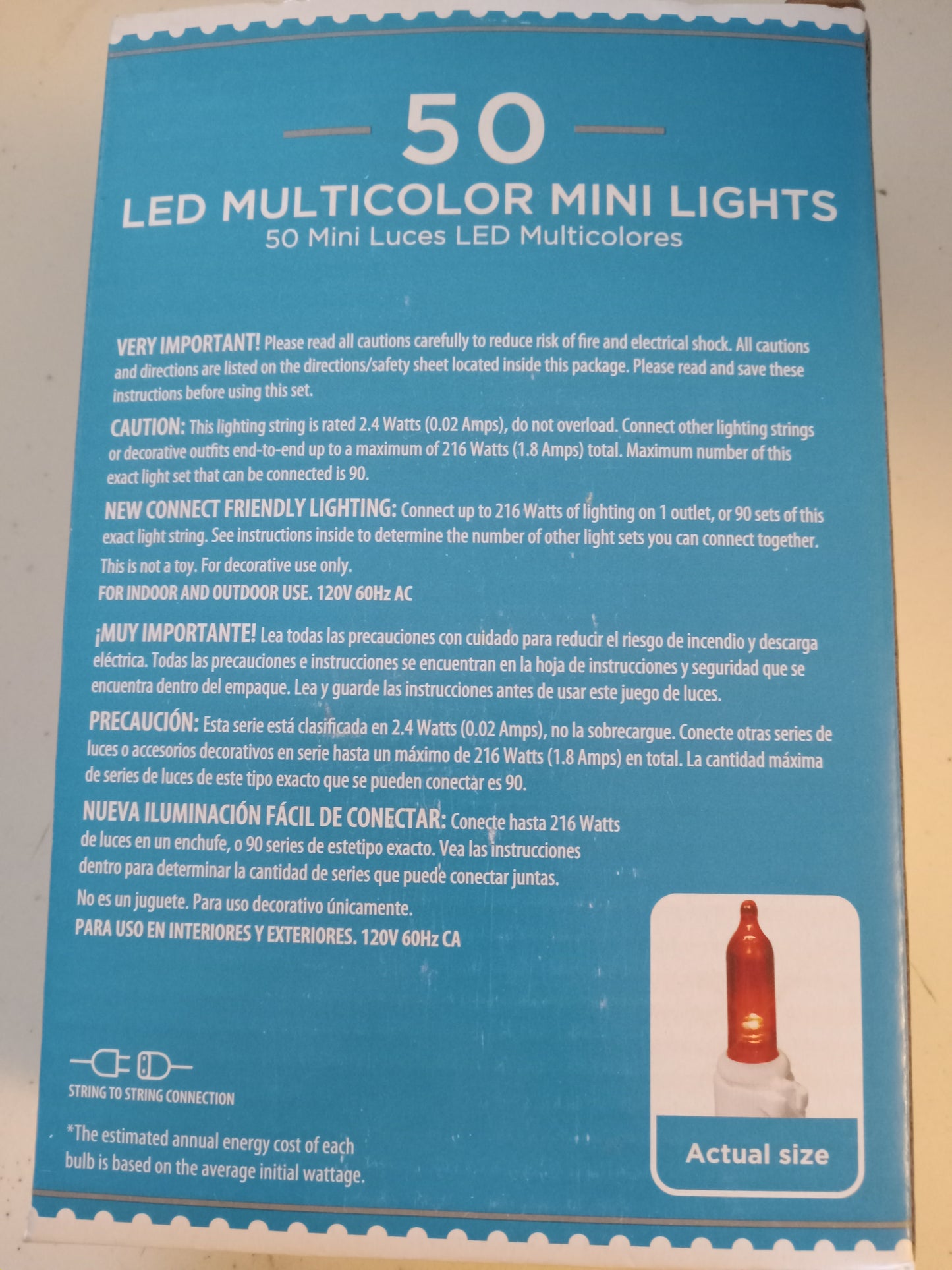 Christmas Lights, 50 LED Mini Lights, Multi-Color/Blue/Frosted/Cool & Warm White, White Wire, Holiday Time, NEW.