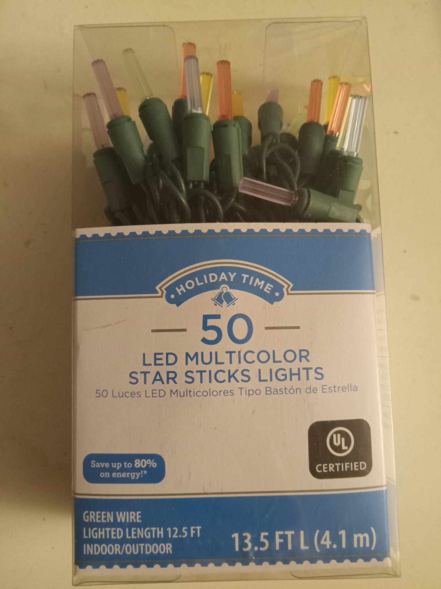 Christmas Lights, 50 LED Star Sticks Lightsaber Lights, Multi-color/Warm White, Green Wire, Holiday Time, NEW