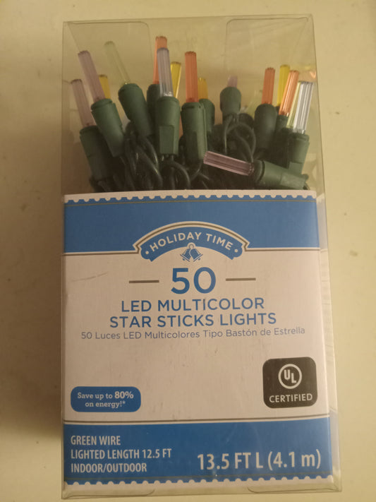 Christmas Lights, 50 LED Star Sticks Lightsaber Lights, Multi-color/Warm White, Green Wire, Holiday Time, NEW