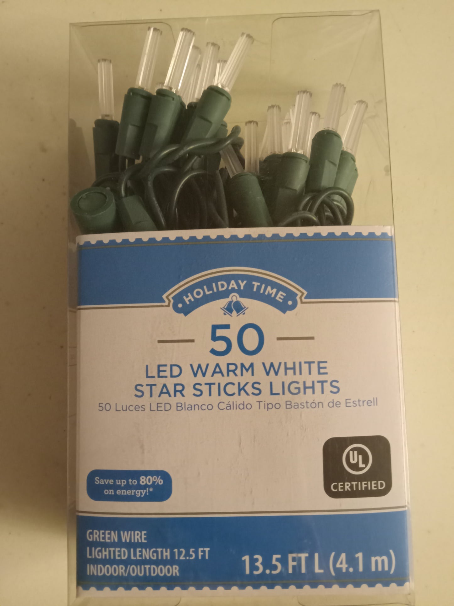 Christmas Lights, 50 LED Star Sticks Lightsaber Lights, Multi-color/Warm White, Green Wire, Holiday Time, NEW